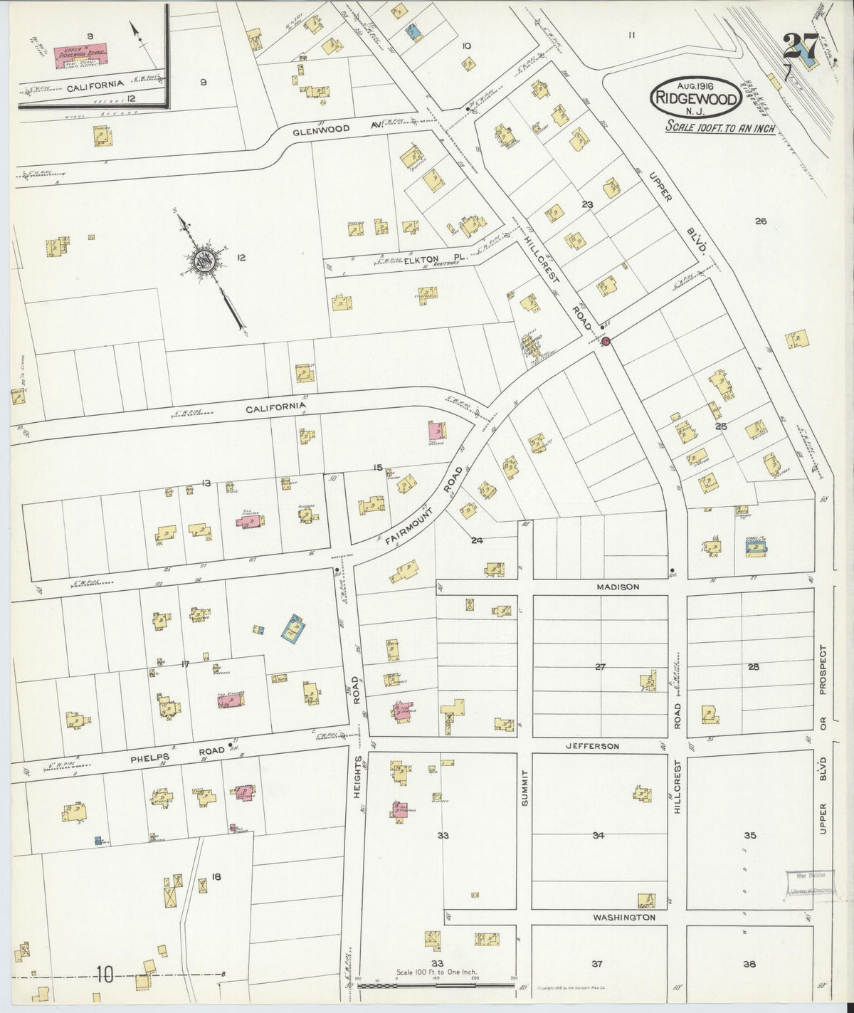 Sanborn Fire Insurance Map from Ridgewood, Bergen County, New Jersey (1916), Sheet #0027 - Historic Sanborn Fire Insurance Map Print, vintage old map wall art, antique decor, genealogy gift, New Jersey New Jersey map