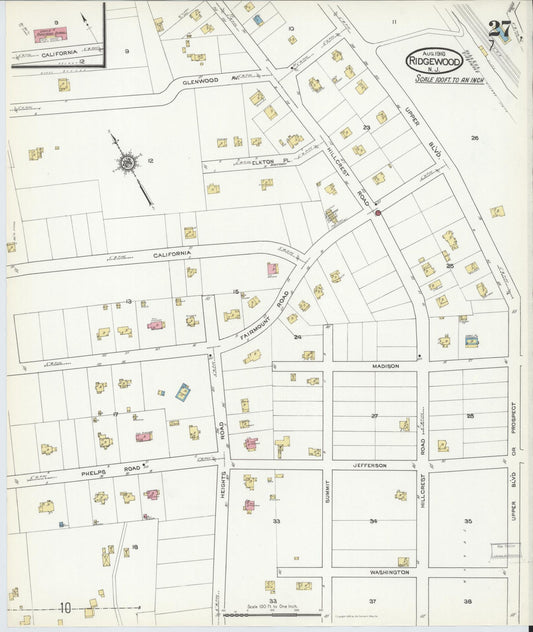 Sanborn Fire Insurance Map from Ridgewood, Bergen County, New Jersey (1916), Sheet #0027 - Historic Sanborn Fire Insurance Map Print, vintage old map wall art, antique decor, genealogy gift, New Jersey New Jersey map