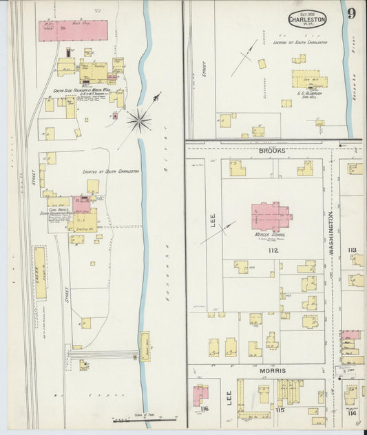 Sanborn Fire Insurance Map from Charleston, Kanawha County, West Virginia (1893), Sheet #0009 - Historic Sanborn Fire Insurance Map Print, vintage old map wall art, antique decor, genealogy gift, West Virginia West Virginia map