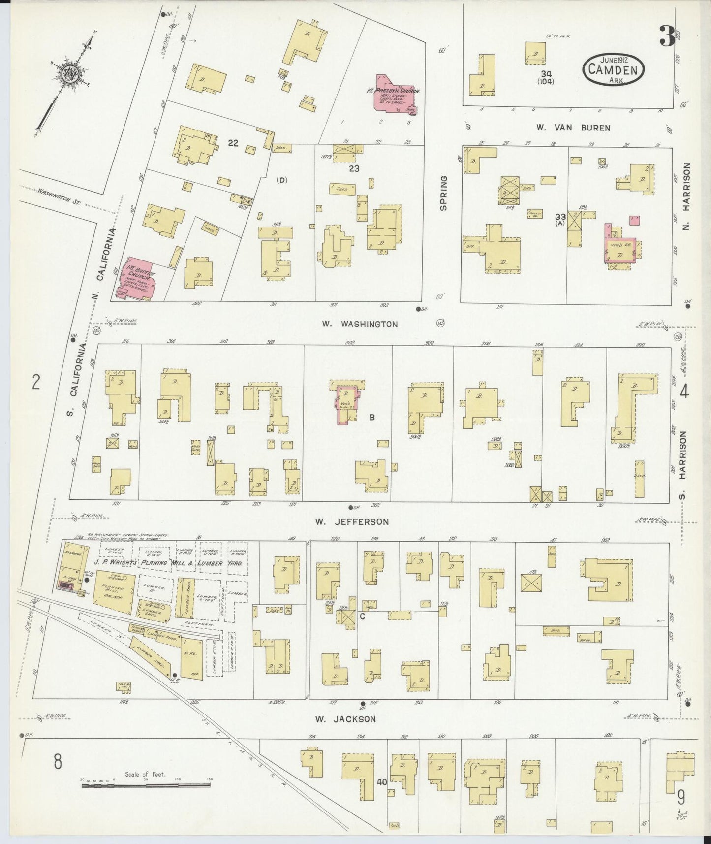 Sanborn Fire Insurance Map from Camden, Ouachita County, Arkansas (1912), Sheet #0003 - Complete Map Set gallery image, historic Sanborn map, vintage wall art, Arkansas Arkansas