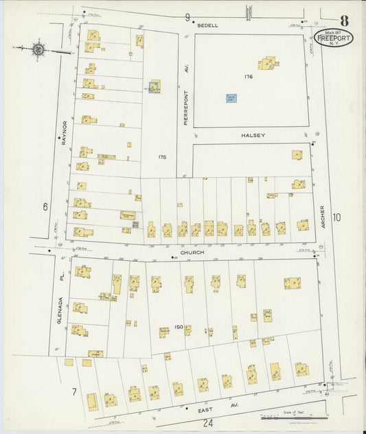 Sanborn Fire Insurance Map from Freeport, Nassau County, New York (1917), Sheet #0008 - Historic Sanborn Fire Insurance Map Print, vintage old map wall art, antique decor, genealogy gift, New York New York map