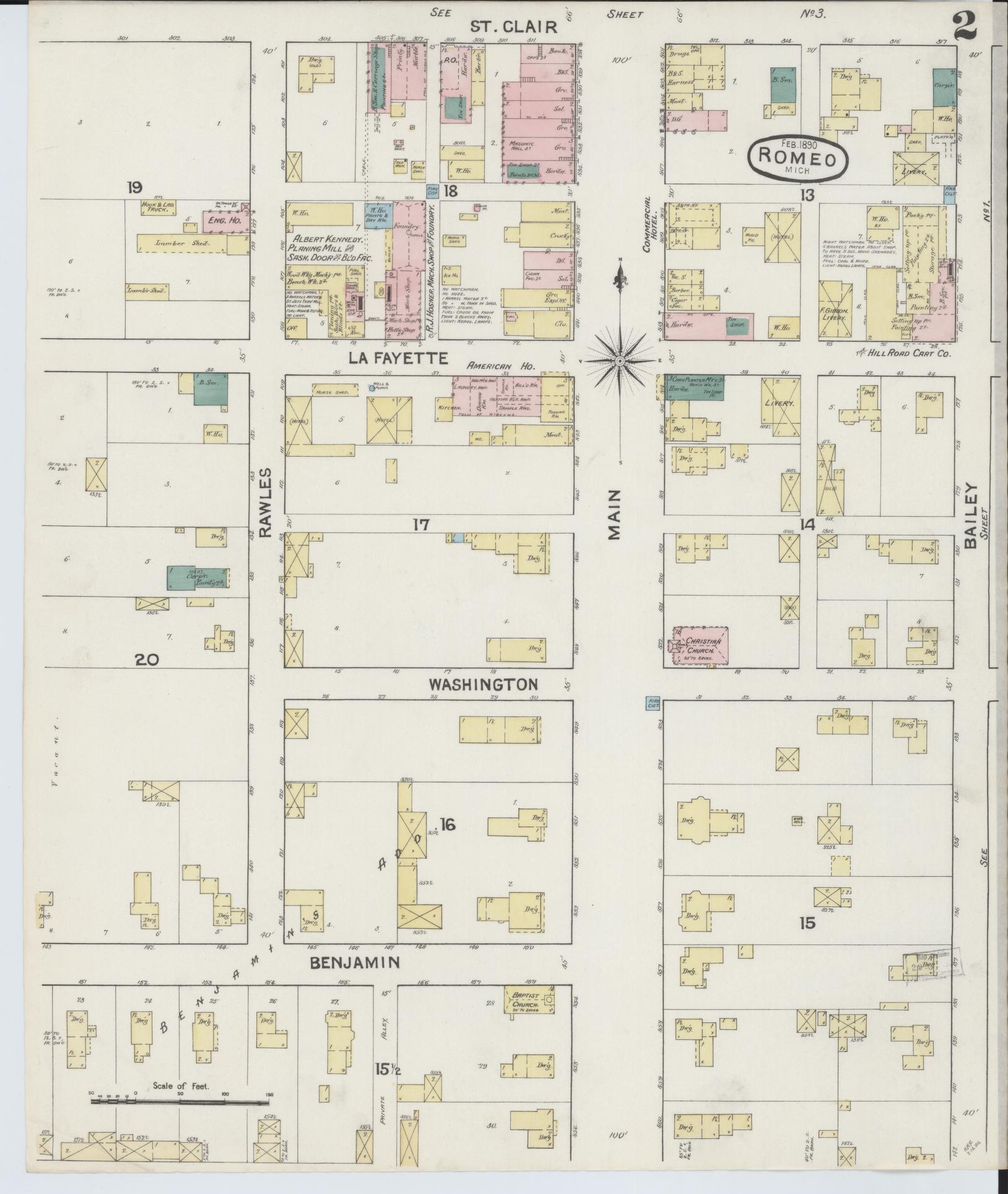 Sanborn Fire Insurance Map from Romeo, Macomb County, Michigan (1890), Sheet #0002 - Complete Map Set gallery image, historic Sanborn map, vintage wall art, Michigan Michigan