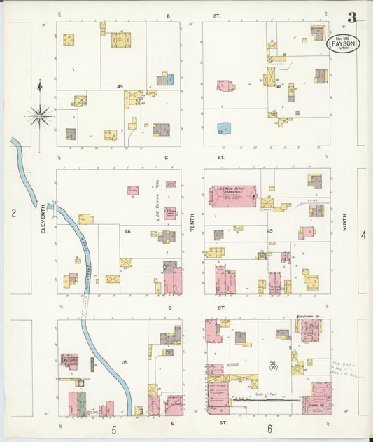 Sanborn Fire Insurance Map from Payson, Utah County, Utah (1908), Sheet #0003 - Historic Sanborn Fire Insurance Map Print, vintage old map wall art, antique decor, genealogy gift, Payson Utah map
