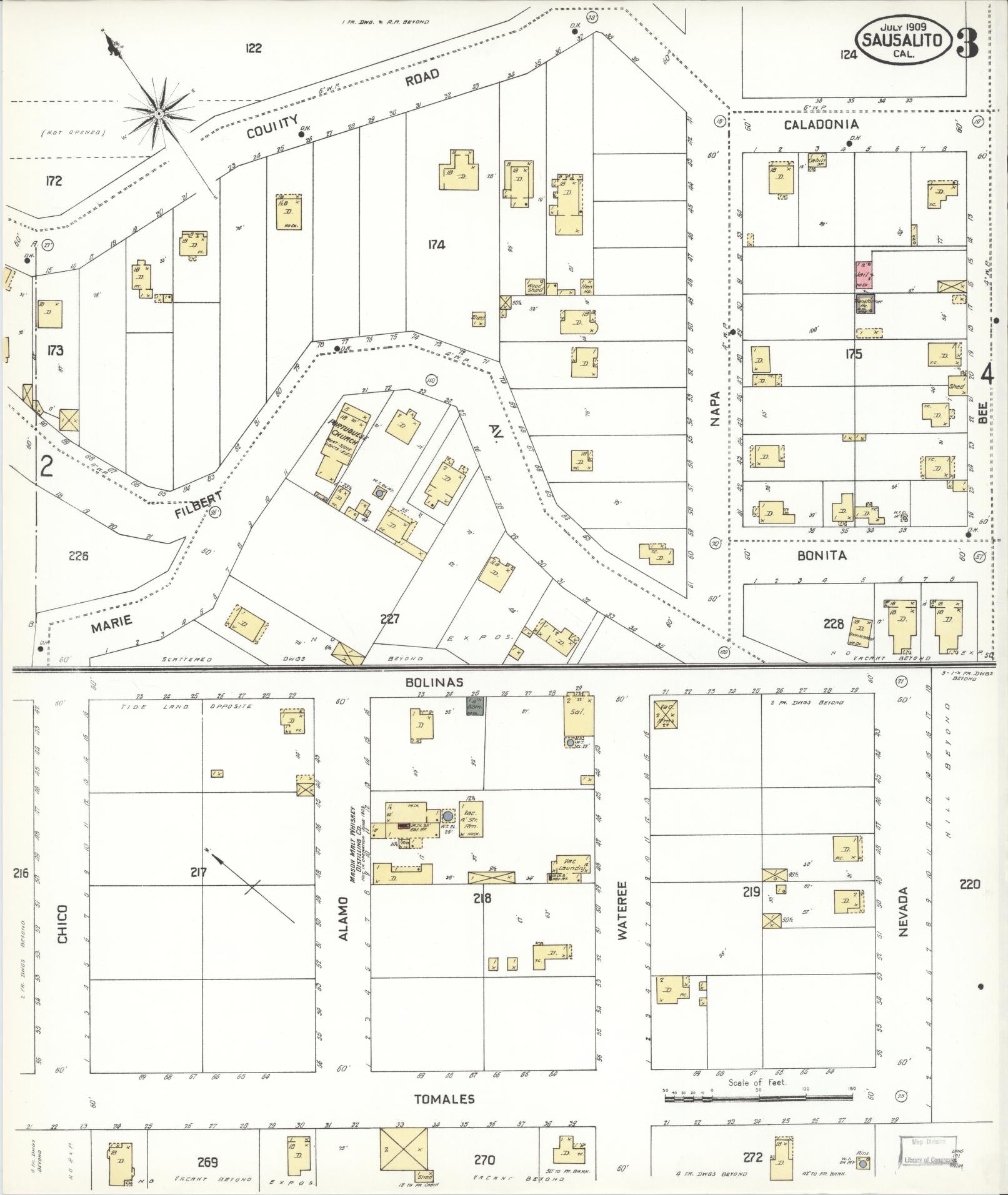 Sanborn Fire Insurance Map from Sausalito, Marin County, California (1909), Sheet #0003 - Complete Map Set gallery image, historic Sanborn map, vintage wall art, California California