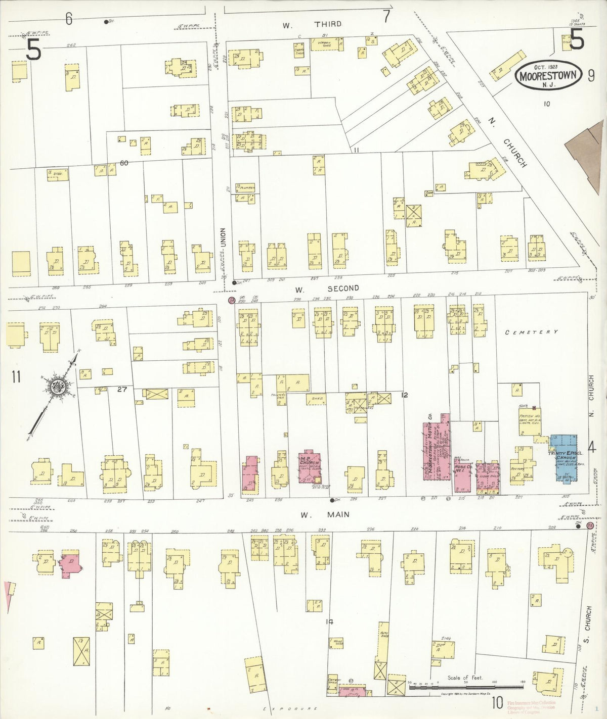 Sanborn Fire Insurance Map from Moorestown, Burlington County, New Jersey (1923), Sheet #0005 - Historic Sanborn Fire Insurance Map Print, vintage old map wall art, antique decor, genealogy gift, New Jersey New Jersey map