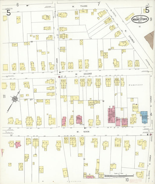 Sanborn Fire Insurance Map from Moorestown, Burlington County, New Jersey (1923), Sheet #0005 - Historic Sanborn Fire Insurance Map Print, vintage old map wall art, antique decor, genealogy gift, New Jersey New Jersey map