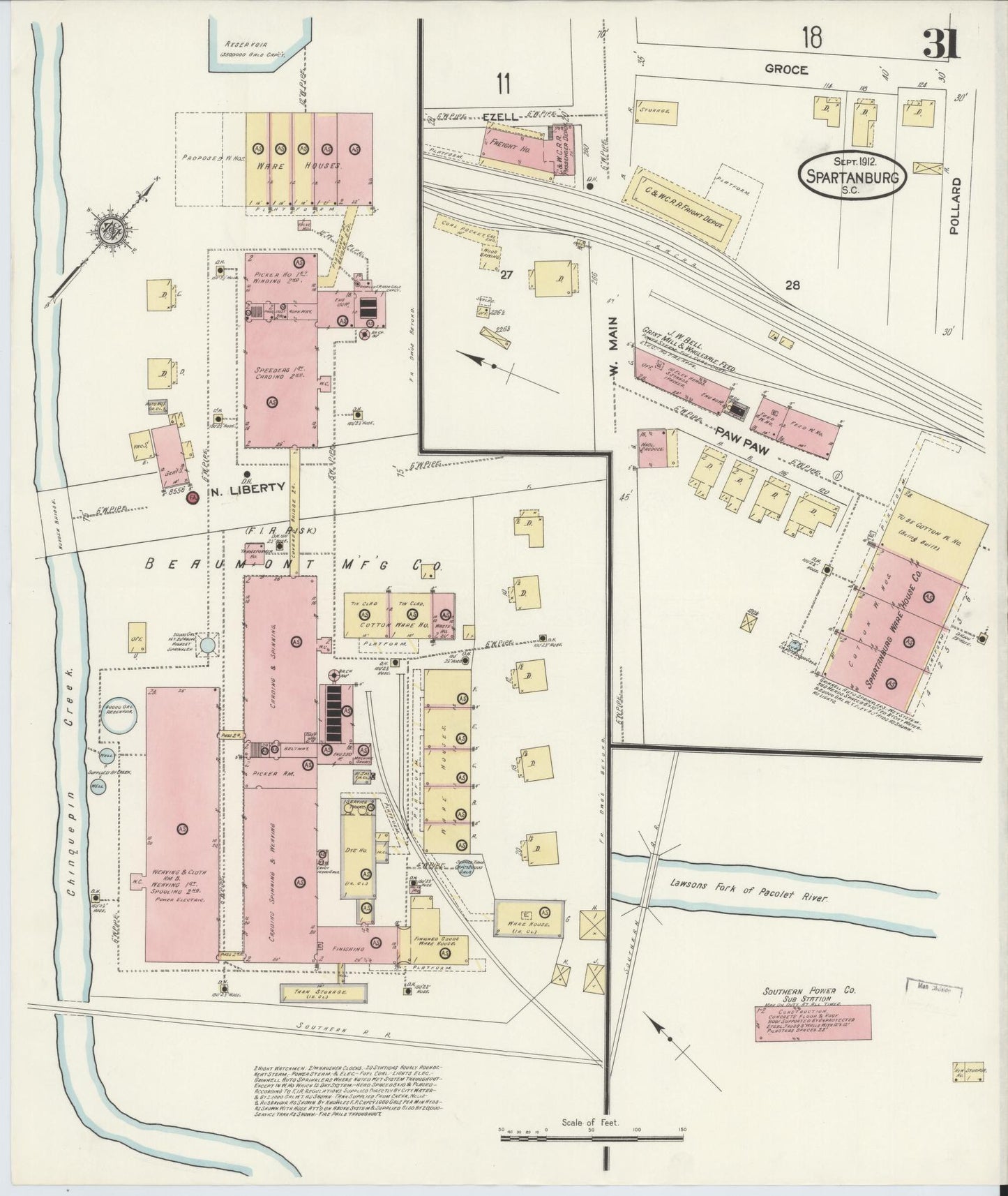 Sanborn Fire Insurance Map from Spartanburg, Spartanburg County, South Carolina (1912), Sheet #0031 - Historic Sanborn Fire Insurance Map Print, vintage old map wall art, antique decor, genealogy gift, South Carolina South Carolina map