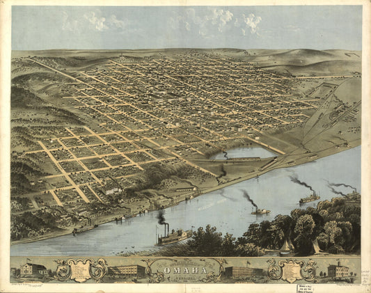 Bird's eye view of the city of Omaha, Nebraska 1868. (1868) – Historic Bird’s-Eye View Panorama Print