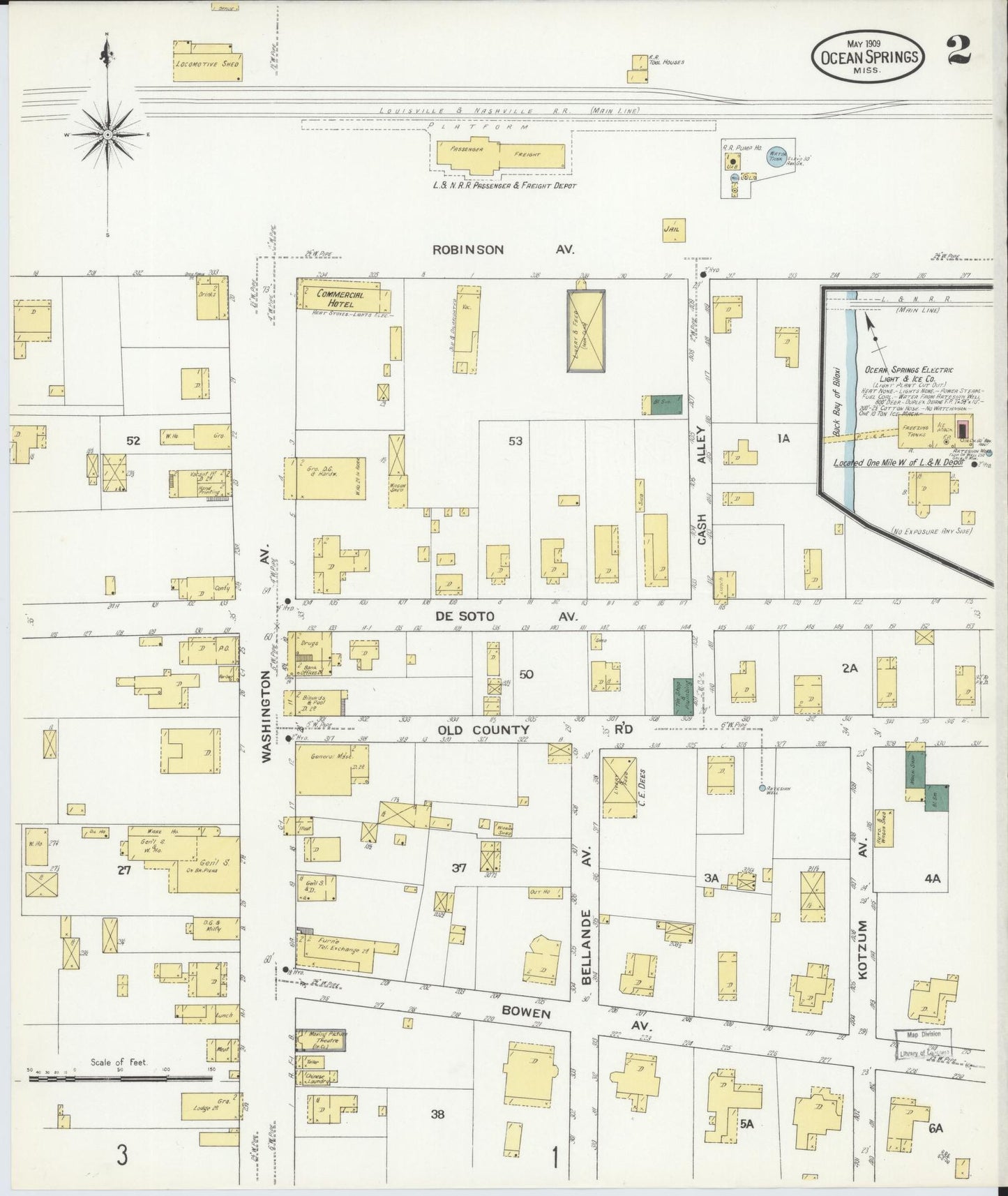 Sanborn Fire Insurance Map from Ocean Springs, Jackson County, Mississippi (1909), Sheet #0002 - Complete Map Set gallery image, historic Sanborn map, vintage wall art, Mississippi Mississippi
