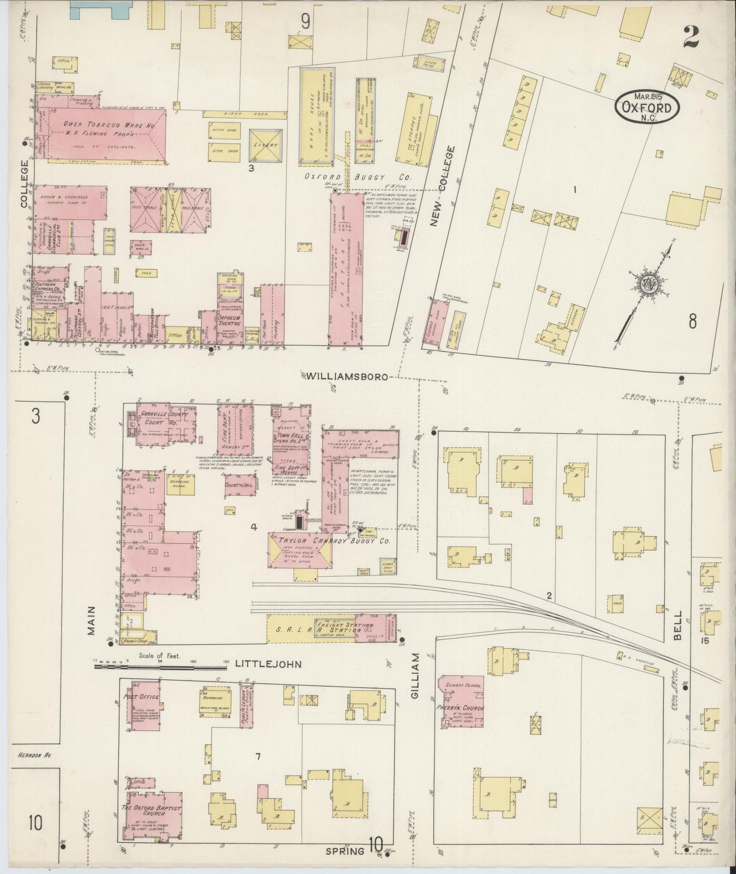 Sanborn Fire Insurance Map from Oxford, Granville County, North Carolina (1915), Sheet #0002 - Complete Map Set gallery image, historic Sanborn map, vintage wall art, North Carolina North Carolina