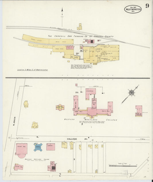 Sanborn Fire Insurance Map from Westminster, Carroll County, Maryland (1910), Sheet #0009 - Historic Sanborn Fire Insurance Map Print, vintage old map wall art