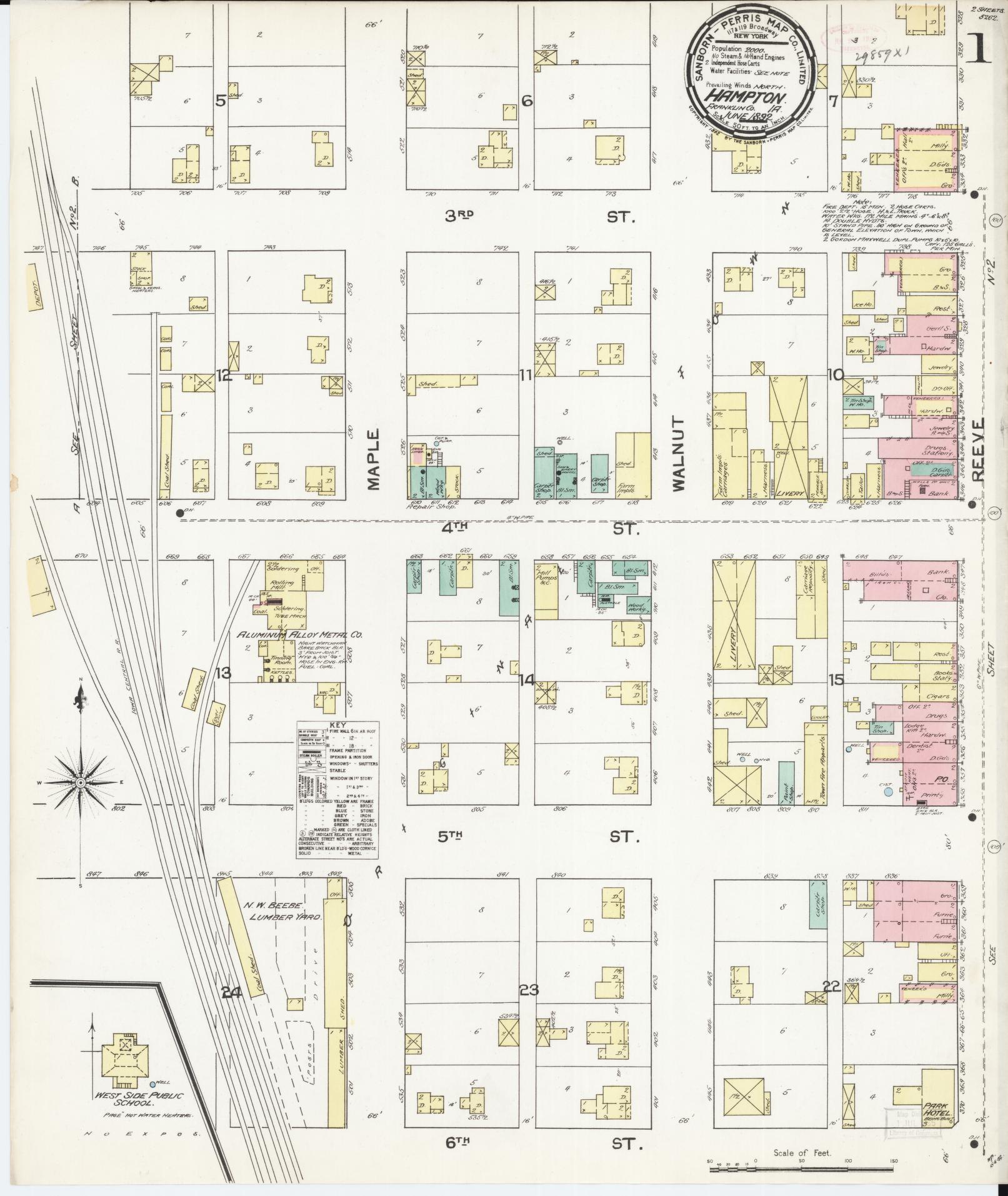 Sanborn Fire Insurance Map from Hampton, Franklin County, Iowa (1892), Sheet #0001 - Historic Sanborn Fire Insurance Map Print, vintage old map wall art