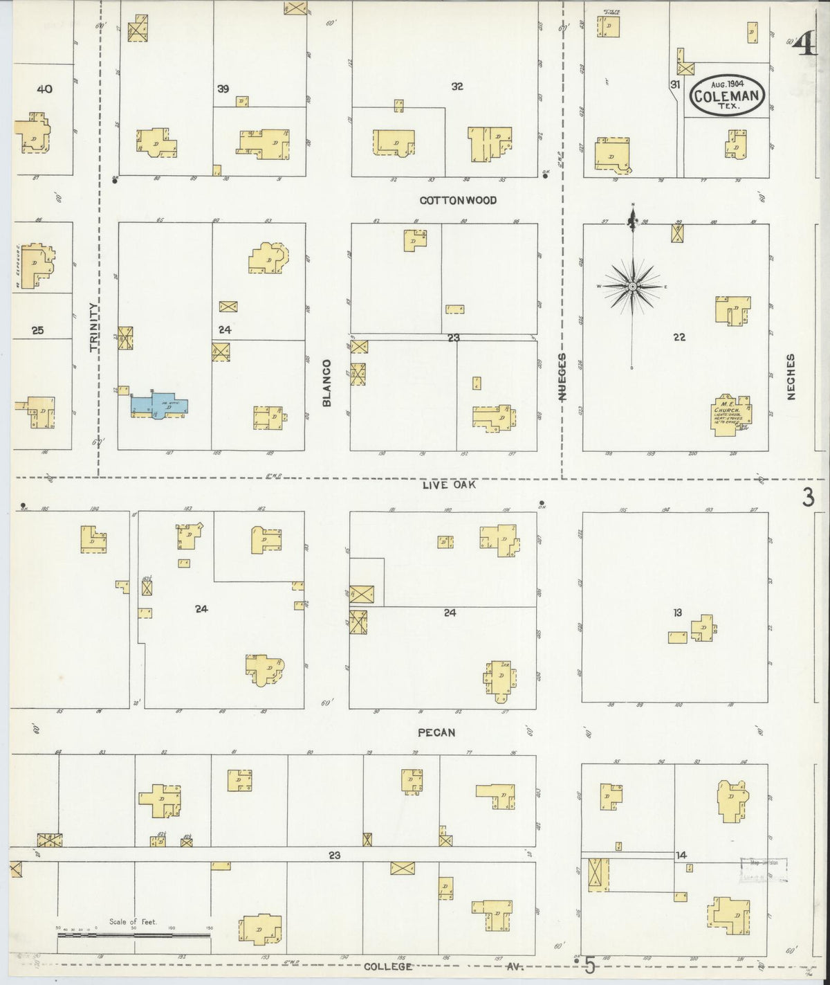 Sanborn Fire Insurance Map from Coleman, Coleman County, Texas (1904), Sheet #0004 - Historic Sanborn Fire Insurance Map Print, vintage old map wall art, antique decor, genealogy gift, Texas Texas map