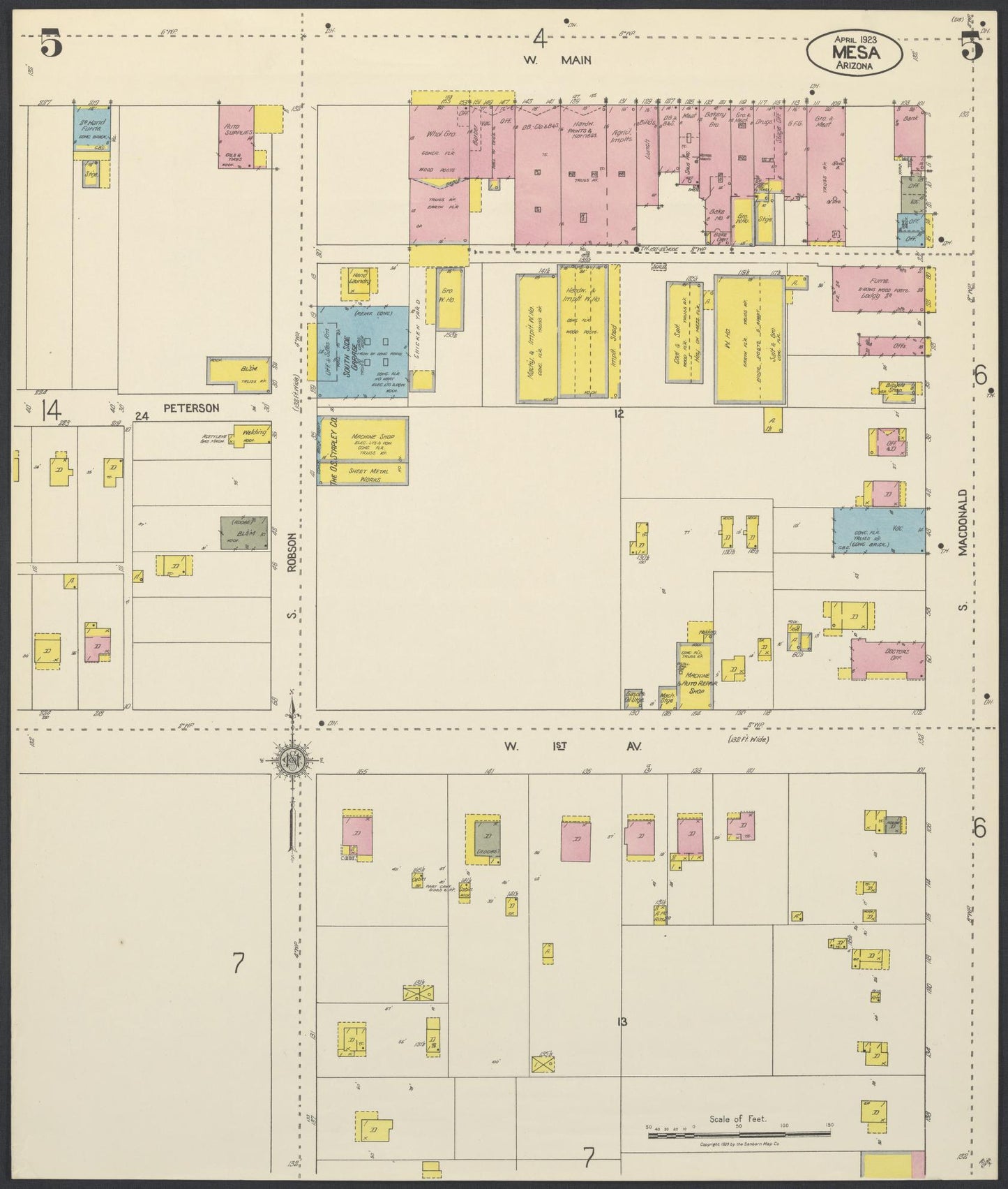 Sanborn Fire Insurance Map from Mesa, Maricopa County, Arizona (1923), Sheet #0005 - Complete Map Set gallery image, historic Sanborn map, vintage wall art, Arizona Arizona
