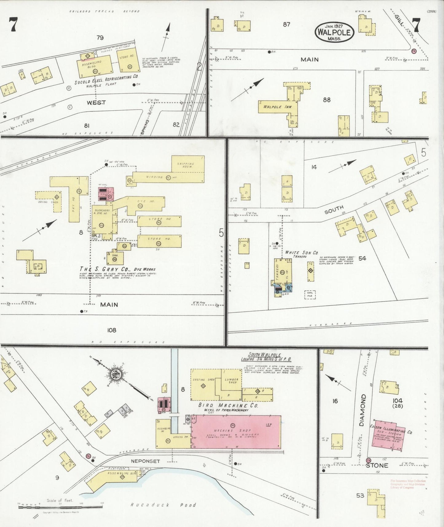 Sanborn Fire Insurance Map from Walpole, Norfolk County, Massachusetts (1927), Sheet #0007 - Historic Sanborn Fire Insurance Map Print, vintage old map wall art, antique decor, genealogy gift, Massachusetts Massachusetts map