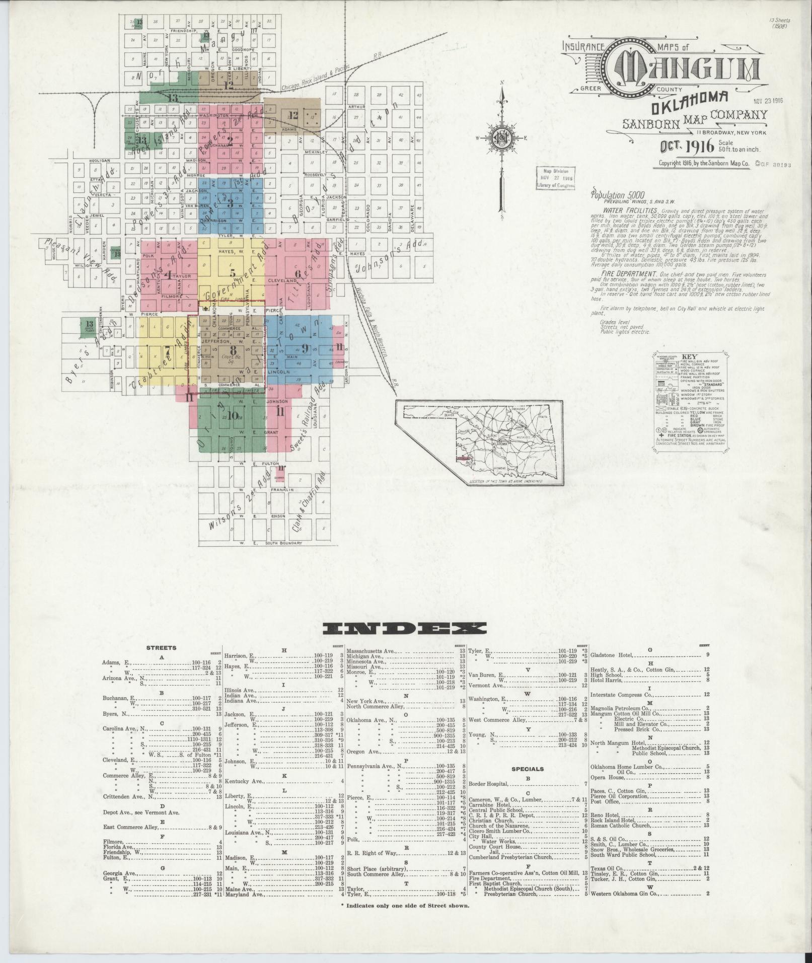 Sanborn Fire Insurance Map from Mangum, Greer County, Oklahoma (1916), Sheet #0001 - Historic Sanborn Fire Insurance Map Print, vintage old map wall art, antique decor, genealogy gift, Oklahoma Oklahoma map