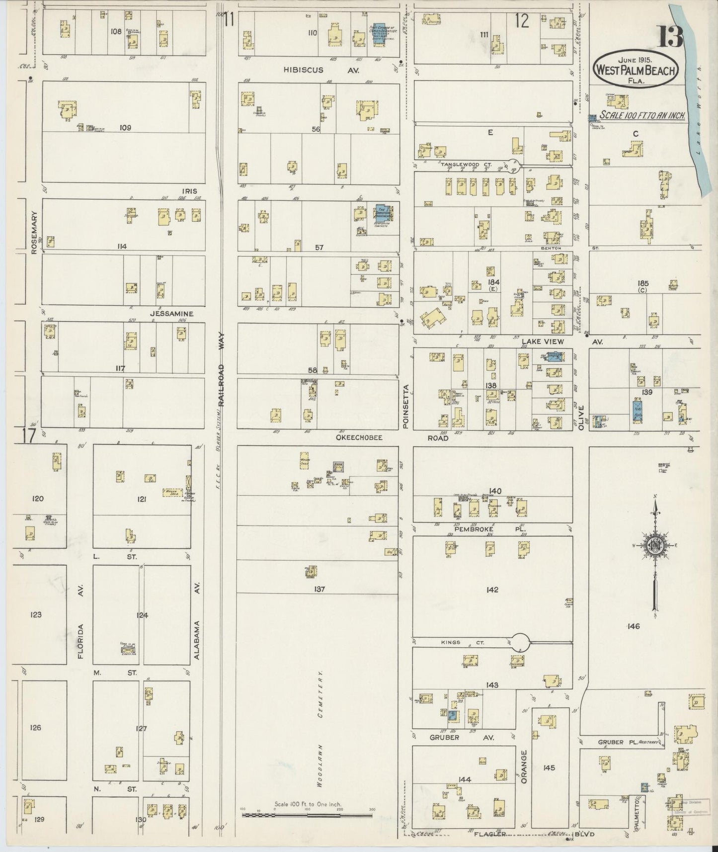 Sanborn Fire Insurance Map from West Palm Beach, Dade County, Florida (1915), Sheet #0013 - Historic Sanborn Fire Insurance Map Print, vintage old map wall art, antique decor, genealogy gift, Florida Florida map