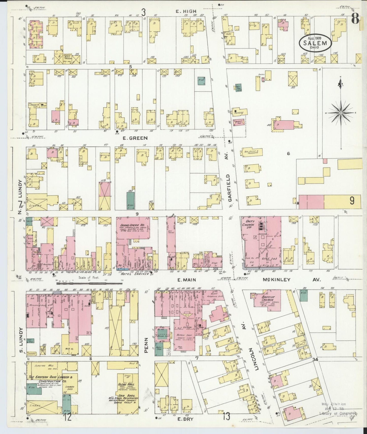 Sanborn Fire Insurance Map from Salem, Columbiana County, Ohio (1909), Sheet #0008 - Historic Sanborn Fire Insurance Map Print, vintage old map wall art, antique decor, genealogy gift, Ohio Ohio map