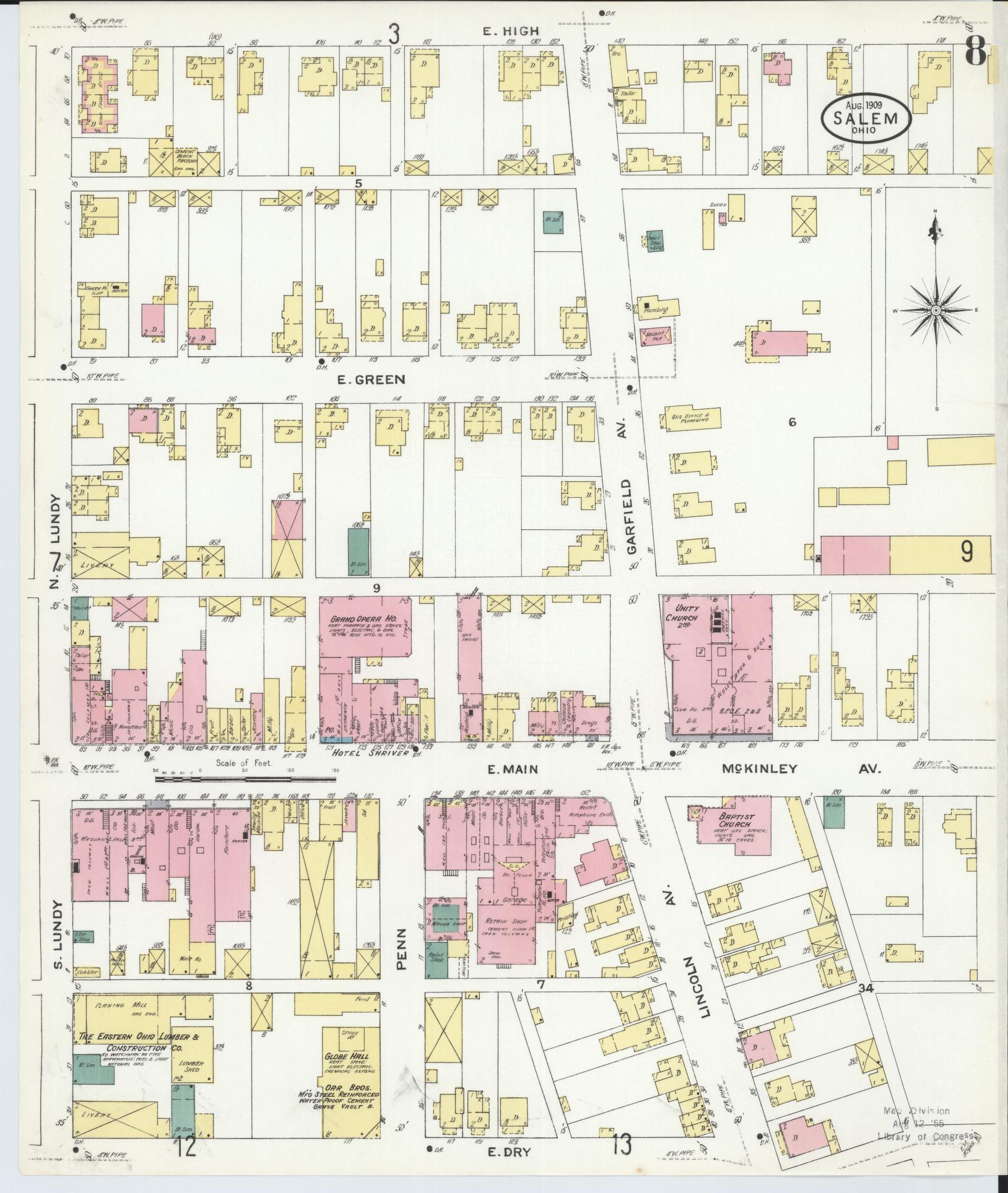 Sanborn Fire Insurance Map from Salem, Columbiana County, Ohio (1909), Sheet #0008 - Historic Sanborn Fire Insurance Map Print, vintage old map wall art, antique decor, genealogy gift, Ohio Ohio map
