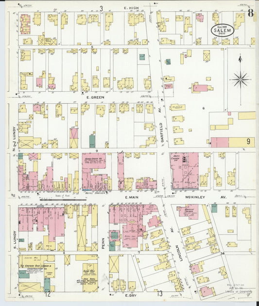Sanborn Fire Insurance Map from Salem, Columbiana County, Ohio (1909), Sheet #0008 - Historic Sanborn Fire Insurance Map Print, vintage old map wall art, antique decor, genealogy gift, Ohio Ohio map