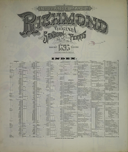 Sanborn Fire Insurance Map from Richmond, Independent Cities, Virginia (1895), Sheet #0001 - Historic Sanborn Fire Insurance Map Print, vintage old map wall art, antique decor, genealogy gift, Virginia Virginia map