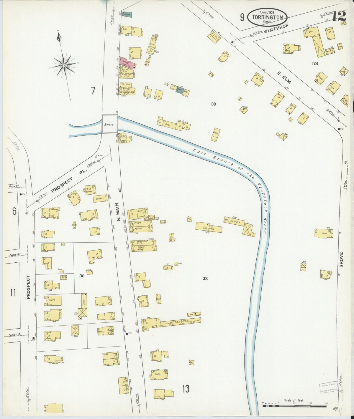 Sanborn Fire Insurance Map from Torrington, Litchfield County, Connecticut (1909), Sheet #0012 - Historic Sanborn Fire Insurance Map Print, vintage old map wall art, antique decor, genealogy gift, Connecticut Connecticut map