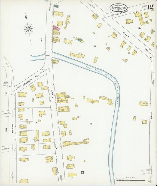 Sanborn Fire Insurance Map from Torrington, Litchfield County, Connecticut (1909), Sheet #0012 - Historic Sanborn Fire Insurance Map Print, vintage old map wall art, antique decor, genealogy gift, Connecticut Connecticut map
