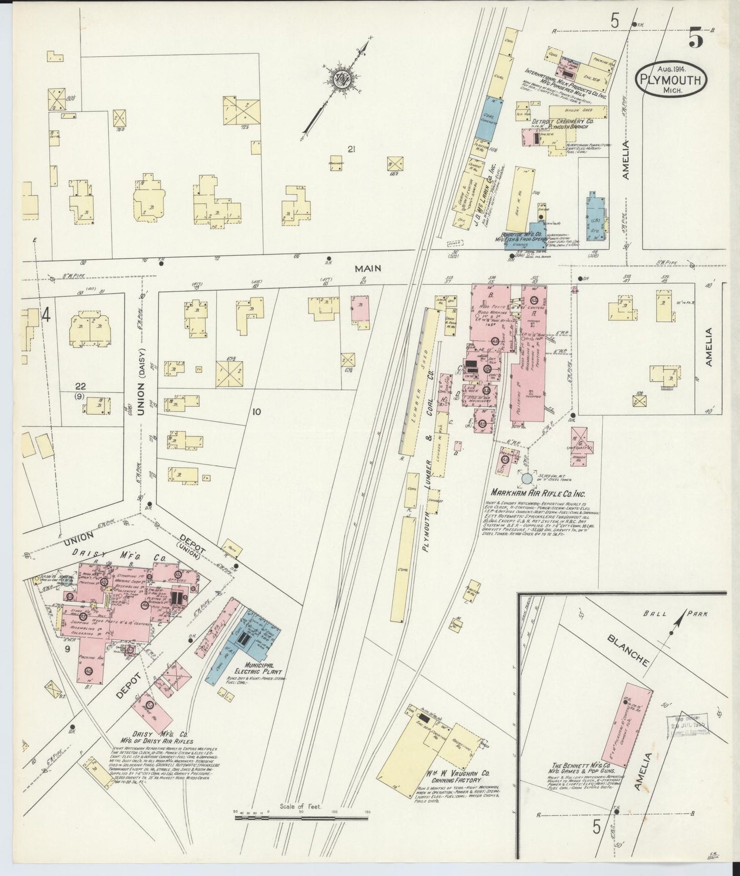 Sanborn Fire Insurance Map from Plymouth, Wayne County, Michigan (1914), Sheet #0005 - Complete Map Set gallery image, historic Sanborn map, vintage wall art, Michigan Michigan