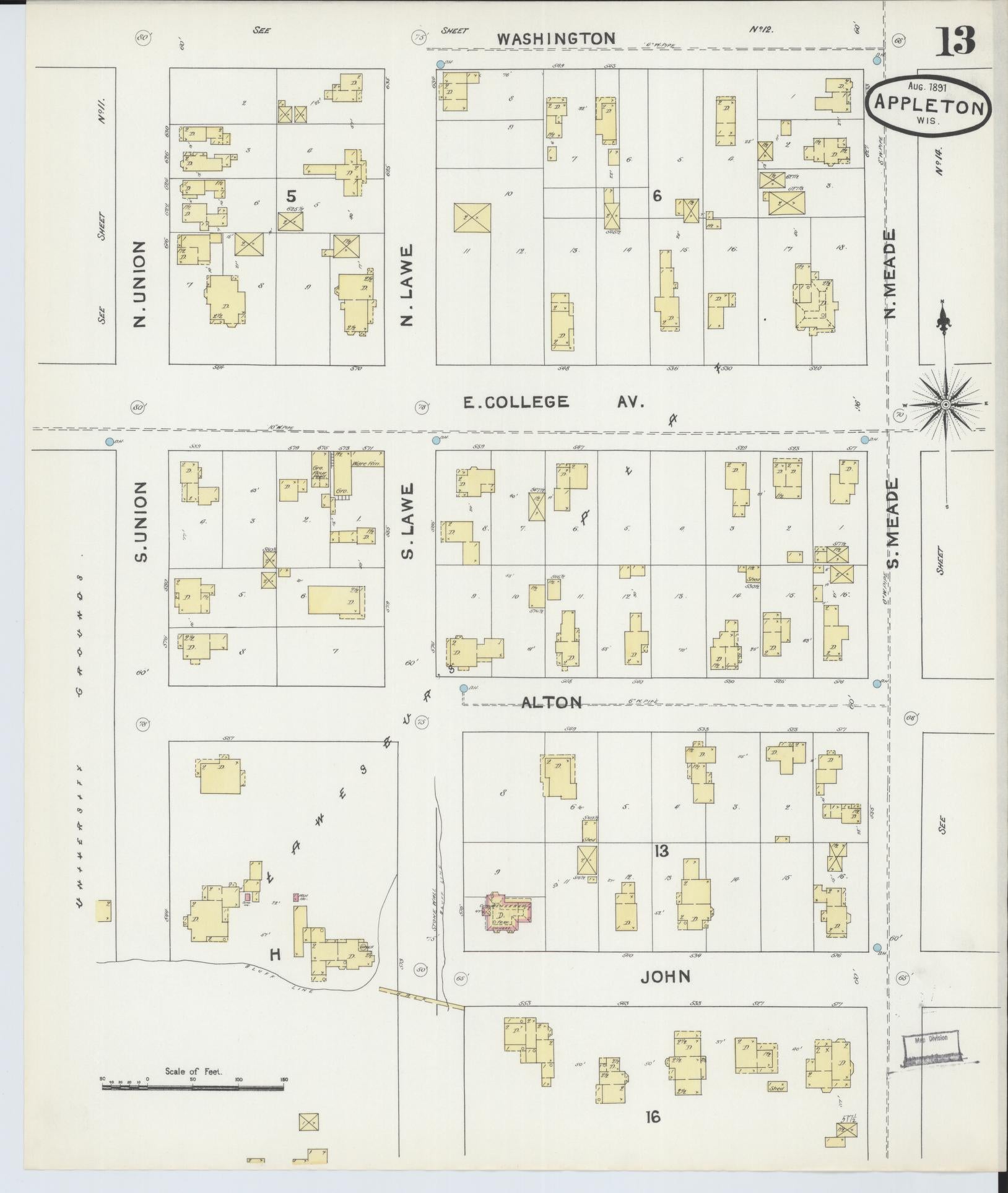 Sanborn Fire Insurance Map from Appleton, Outagamie County, Wisconsin (1891), Sheet #0013 - Complete Map Set gallery image, historic Sanborn map, vintage wall art, Wisconsin Wisconsin