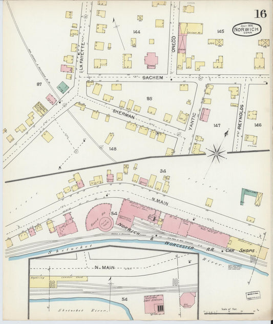 Sanborn Fire Insurance Map from Norwich, New London County, Connecticut (1892), Sheet #0016 - Historic Sanborn Fire Insurance Map Print, vintage old map wall art, antique decor, genealogy gift, Connecticut Connecticut map