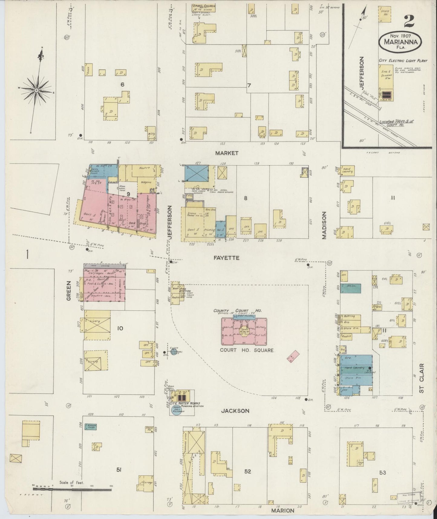 Sanborn Fire Insurance Map from Marianna, Jackson County, Florida (1907), Sheet #0002 - Historic Sanborn Fire Insurance Map Print, vintage old map wall art, antique decor, genealogy gift, Florida Florida map