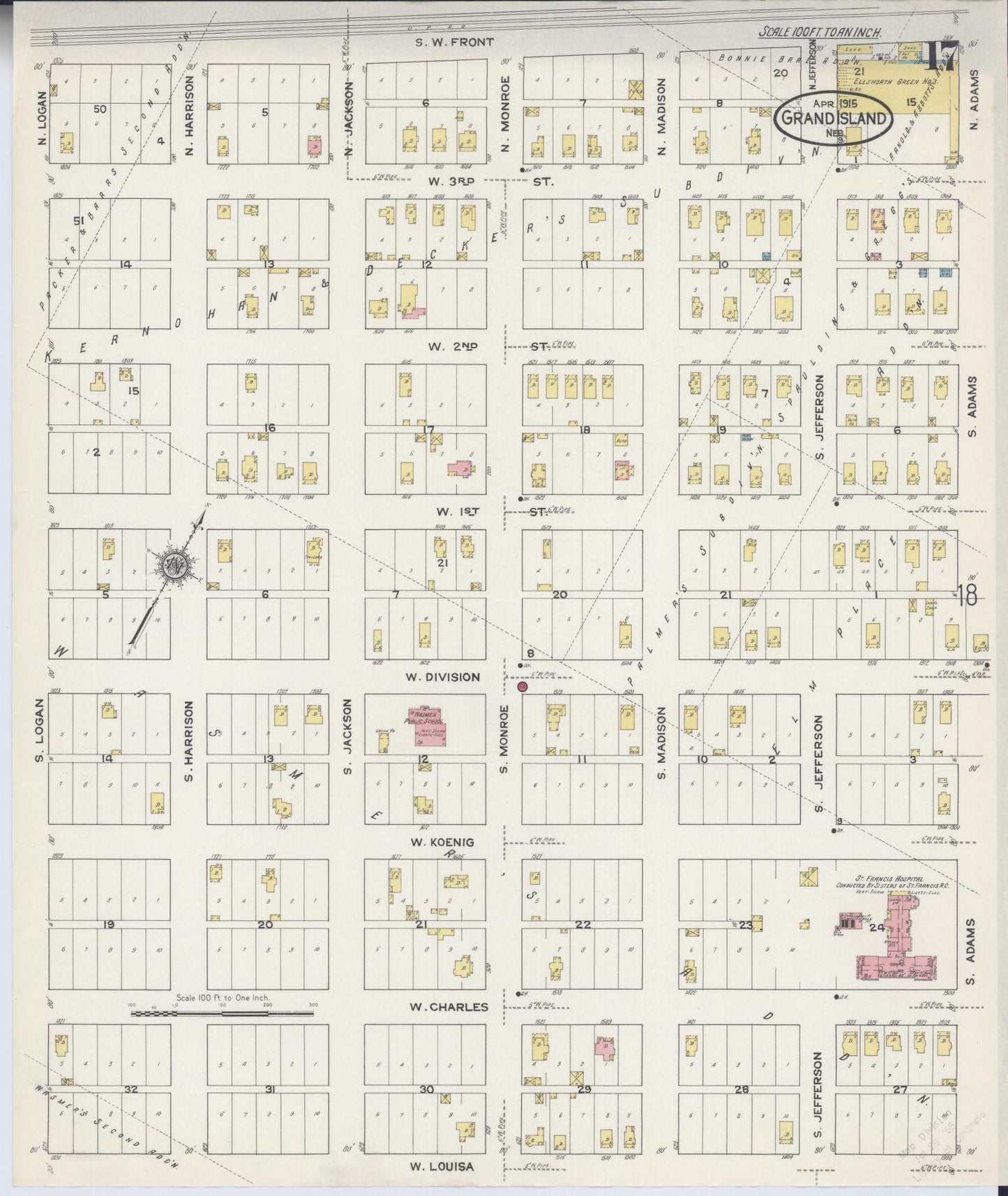 Sanborn Fire Insurance Map from Grand Island, Hall County, Nebraska (1915), Sheet #0017 - Historic Sanborn Fire Insurance Map Print, vintage old map wall art, antique decor, genealogy gift, Nebraska Nebraska map