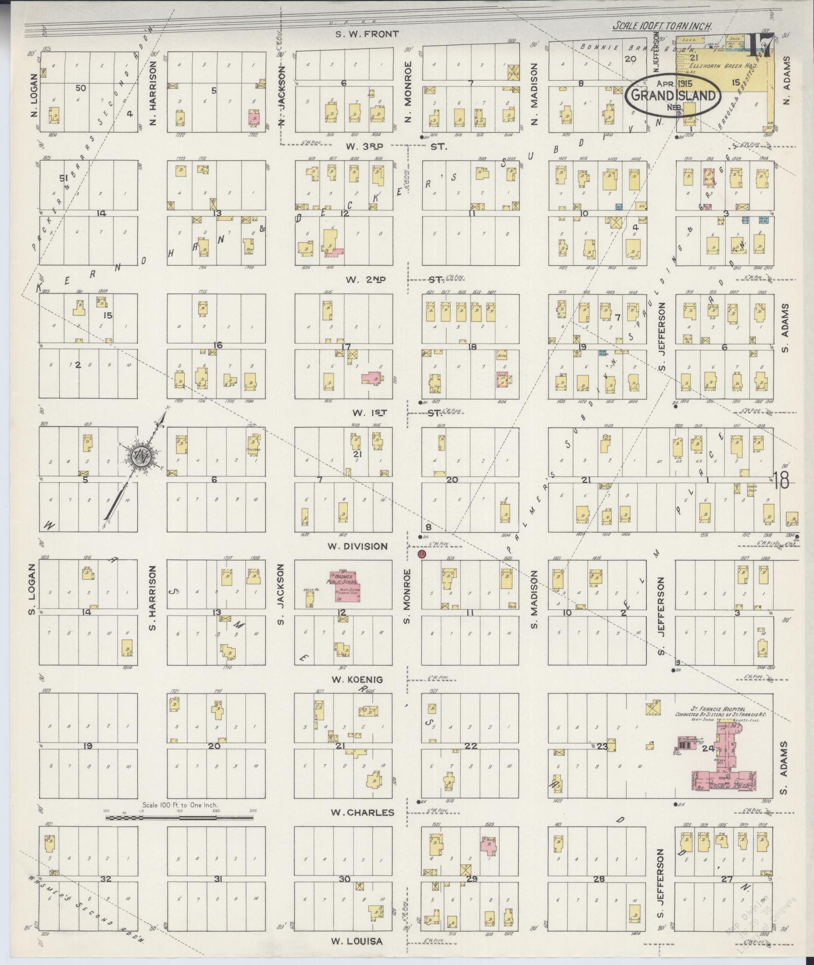 Sanborn Fire Insurance Map from Grand Island, Hall County, Nebraska (1915), Sheet #0017 - Historic Sanborn Fire Insurance Map Print, vintage old map wall art, antique decor, genealogy gift, Nebraska Nebraska map