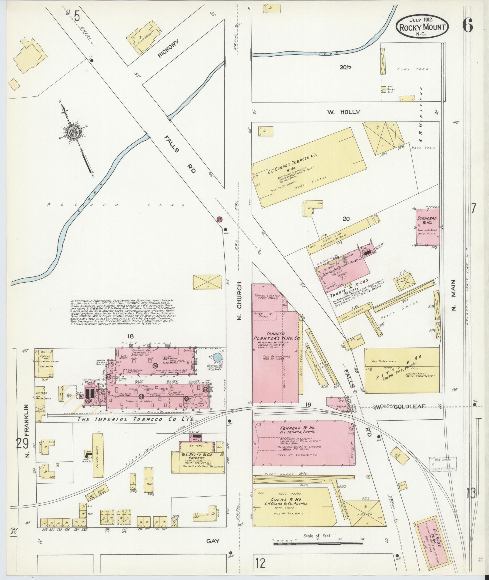 Sanborn Fire Insurance Map from Rocky Mount, Edgecombe And Nash Counties, North Carolina (1912), Sheet #0006 - Historic Sanborn Fire Insurance Map Print, vintage old map wall art, antique decor, genealogy gift, North Carolina North Carolina map