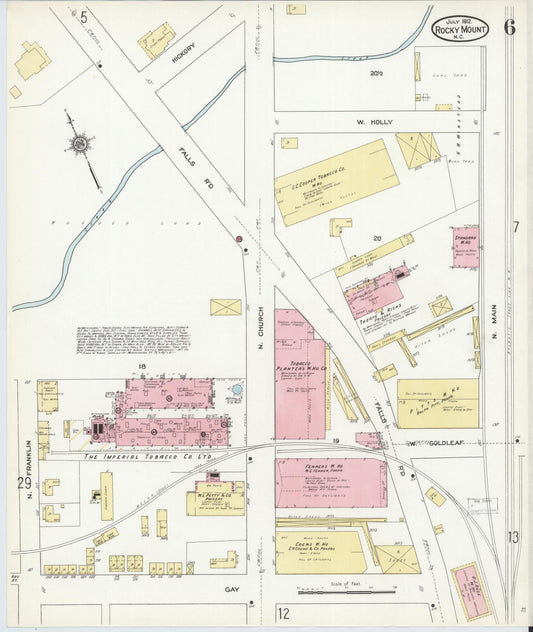 Sanborn Fire Insurance Map from Rocky Mount, Edgecombe And Nash Counties, North Carolina (1912), Sheet #0006 - Historic Sanborn Fire Insurance Map Print, vintage old map wall art, antique decor, genealogy gift, North Carolina North Carolina map