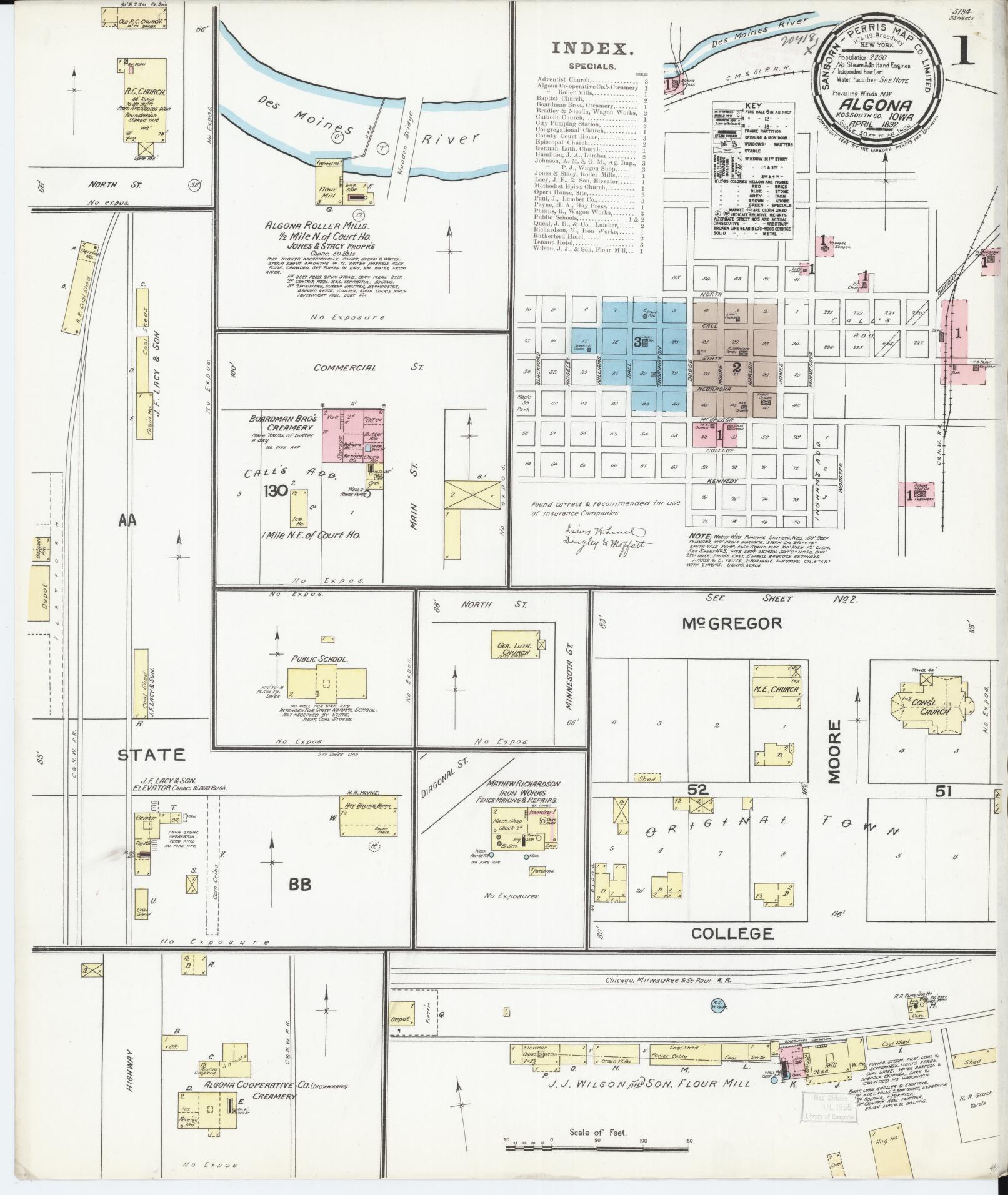 Sanborn Fire Insurance Map from Algona, Kossuth County, Iowa (1892), Sheet #0001 - Historic Sanborn Fire Insurance Map Print