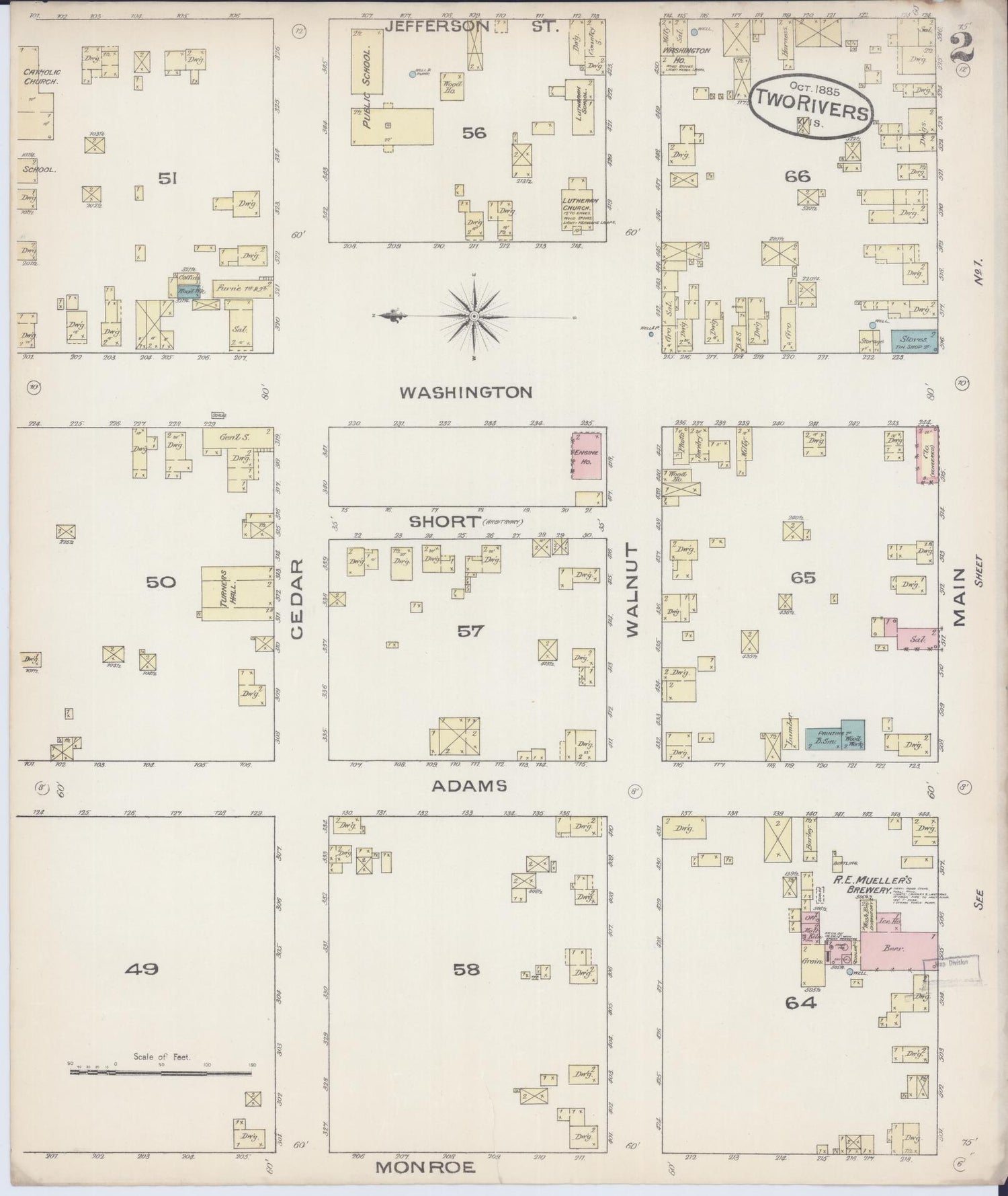 Sanborn Fire Insurance Map from Two Rivers, Manitowoc County, Wisconsin (1885), Sheet #0002 - Historic Sanborn Fire Insurance Map Print, vintage old map wall art, antique decor, genealogy gift, Wisconsin Wisconsin map