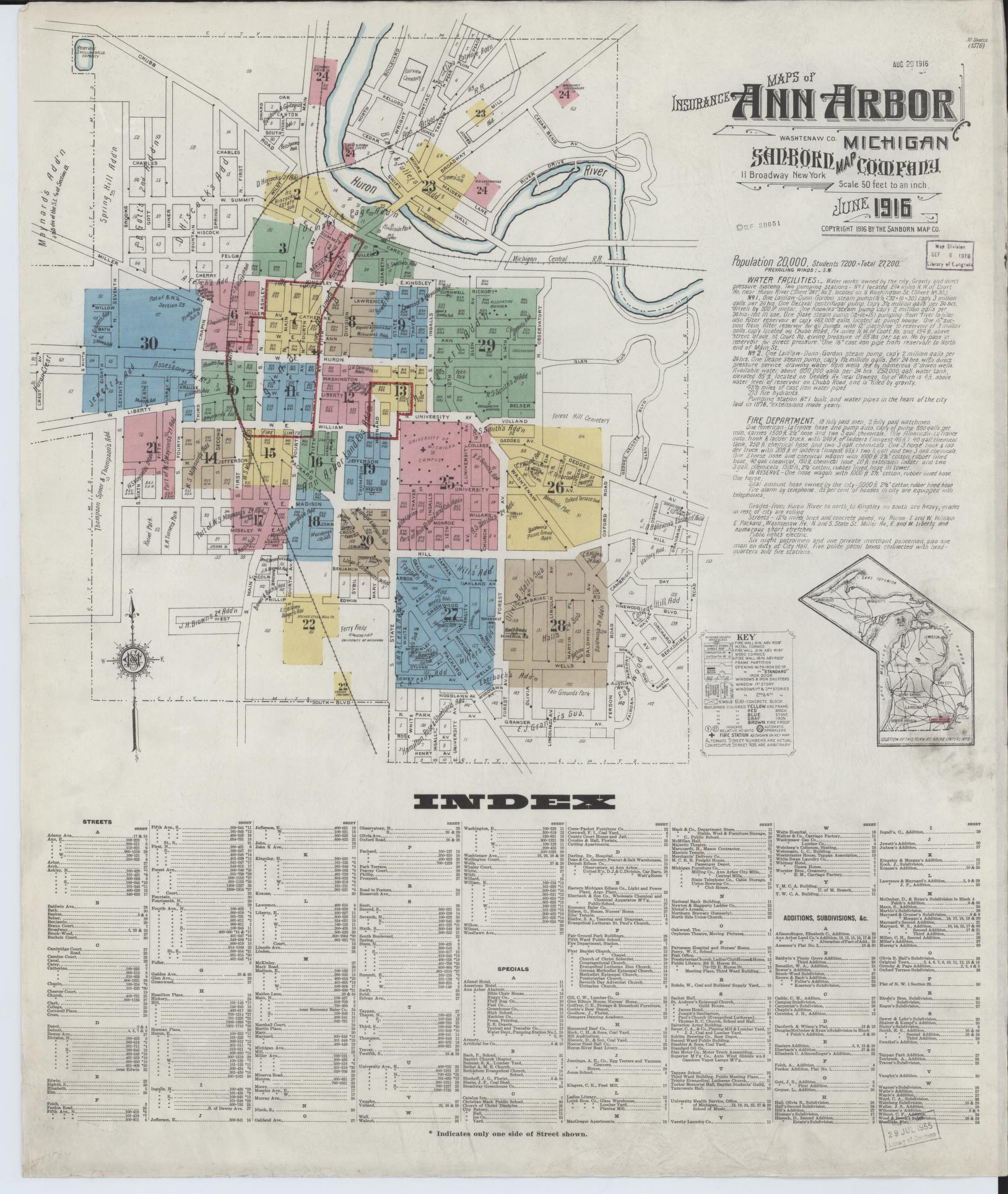 Sanborn Fire Insurance Map from Ann Arbor, Washtenaw County, Michigan (1916), Sheet #0001 - Complete Map Set gallery image, historic Sanborn map, vintage wall art, Michigan Michigan