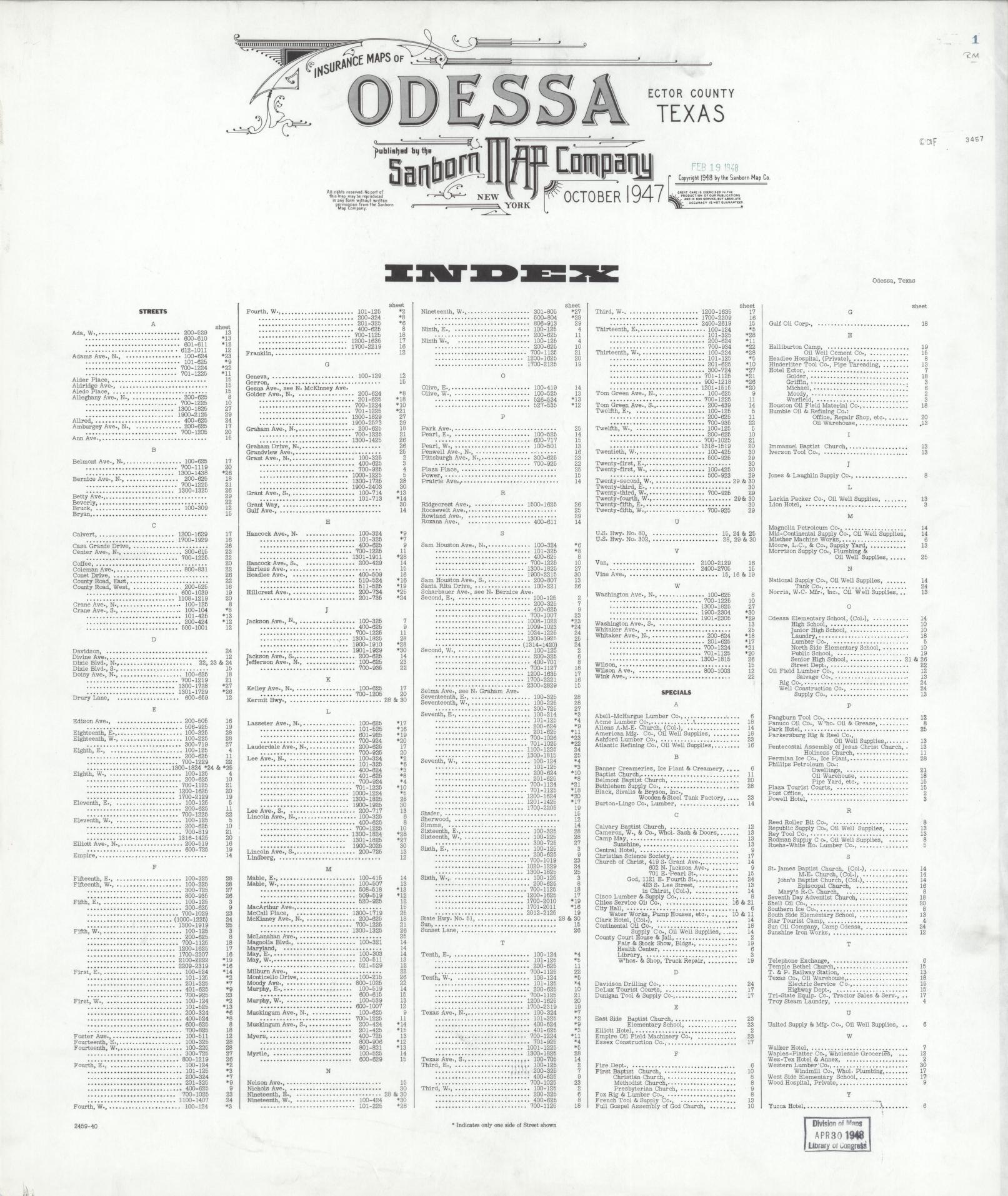 Sanborn Fire Insurance Map from Odessa, Edger County, Texas (1947), Sheet #0001 - Historic Sanborn Fire Insurance Map Print, vintage old map wall art, antique decor, genealogy gift, Texas Texas map