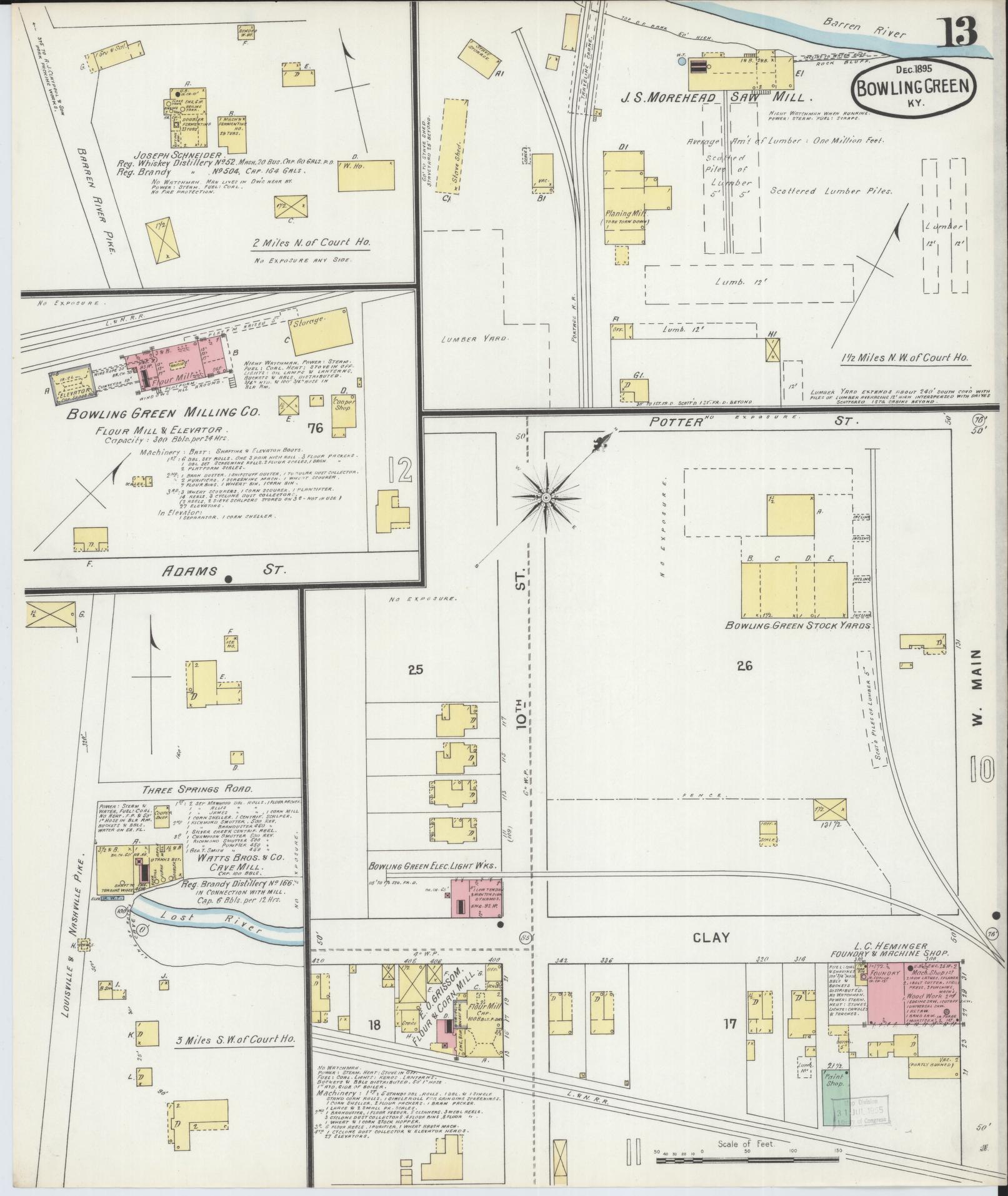 Sanborn Fire Insurance Map from Bowling Green, Warren County, Kentucky (1895), Sheet #0013 - Complete Map Set gallery image, historic Sanborn map, vintage wall art, Kentucky Kentucky