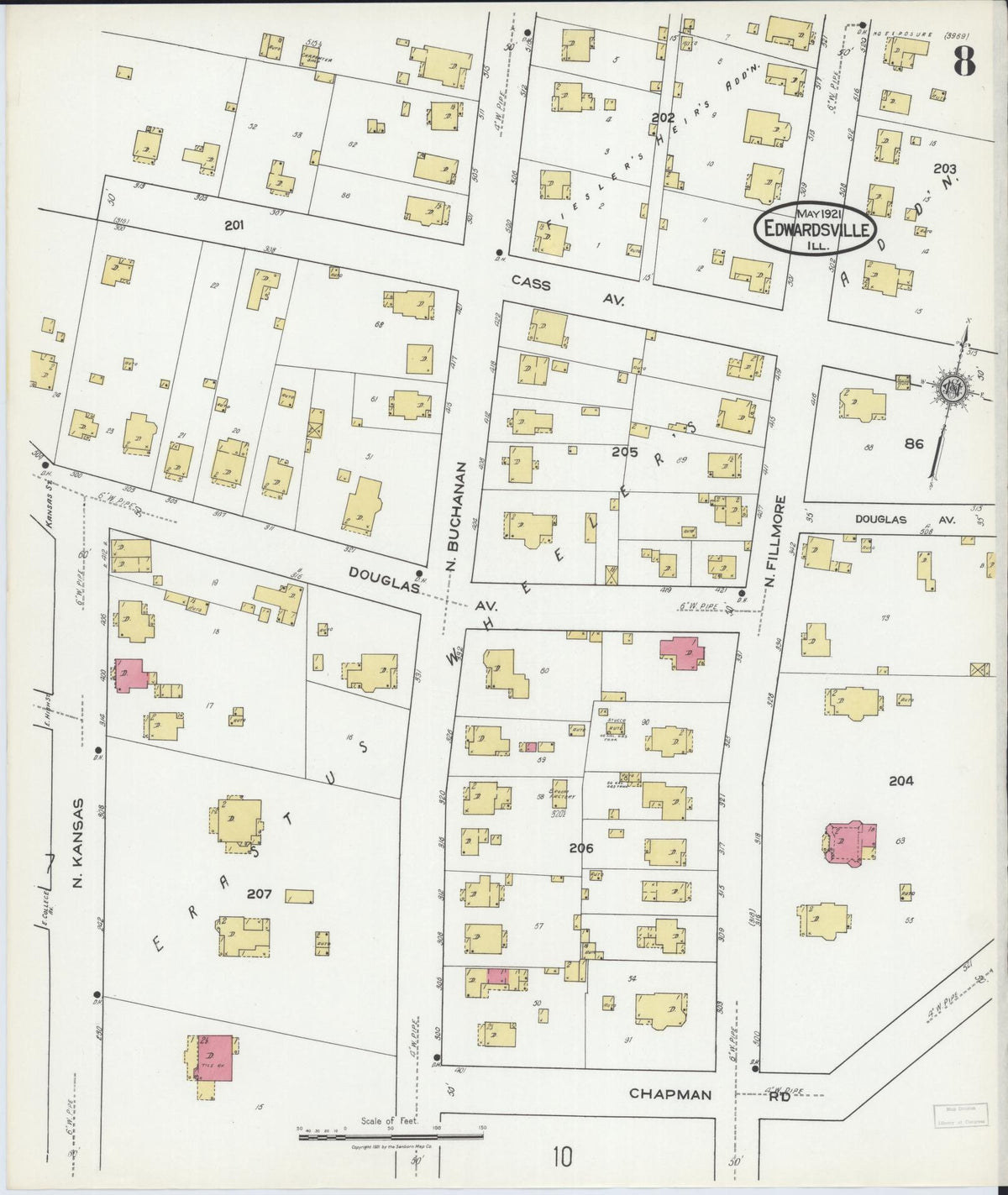Sanborn Fire Insurance Map from Edwardsville, Madison County, Illinois (1921), Sheet #0008 - Historic Sanborn Fire Insurance Map Print, vintage old map wall art, antique decor, genealogy gift, Illinois Illinois map