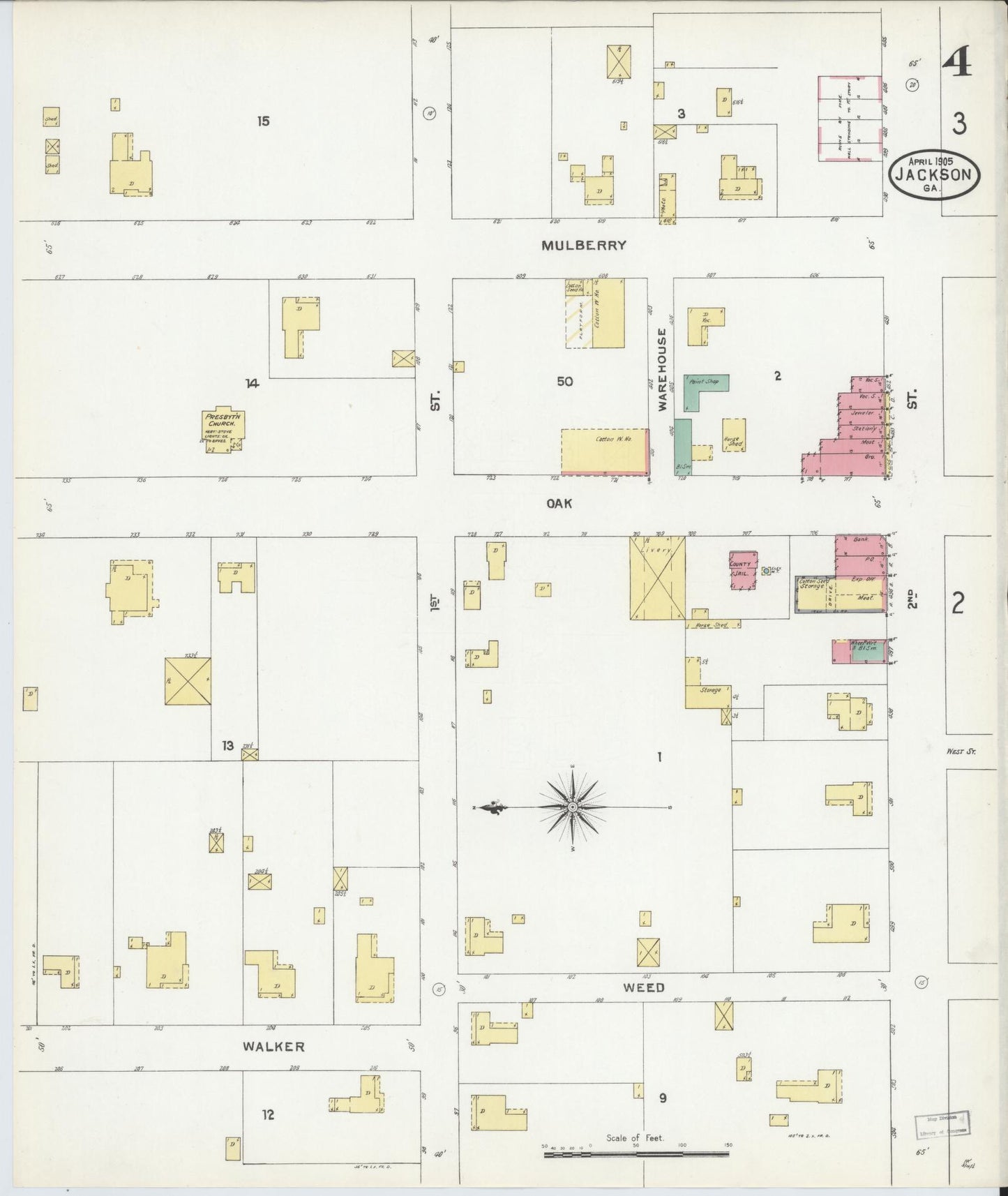 Sanborn Fire Insurance Map from Jackson, Butts County, Georgia (1905), Sheet #0004 - Historic Sanborn Fire Insurance Map Print, vintage old map wall art, antique decor, genealogy gift, Georgia Georgia map