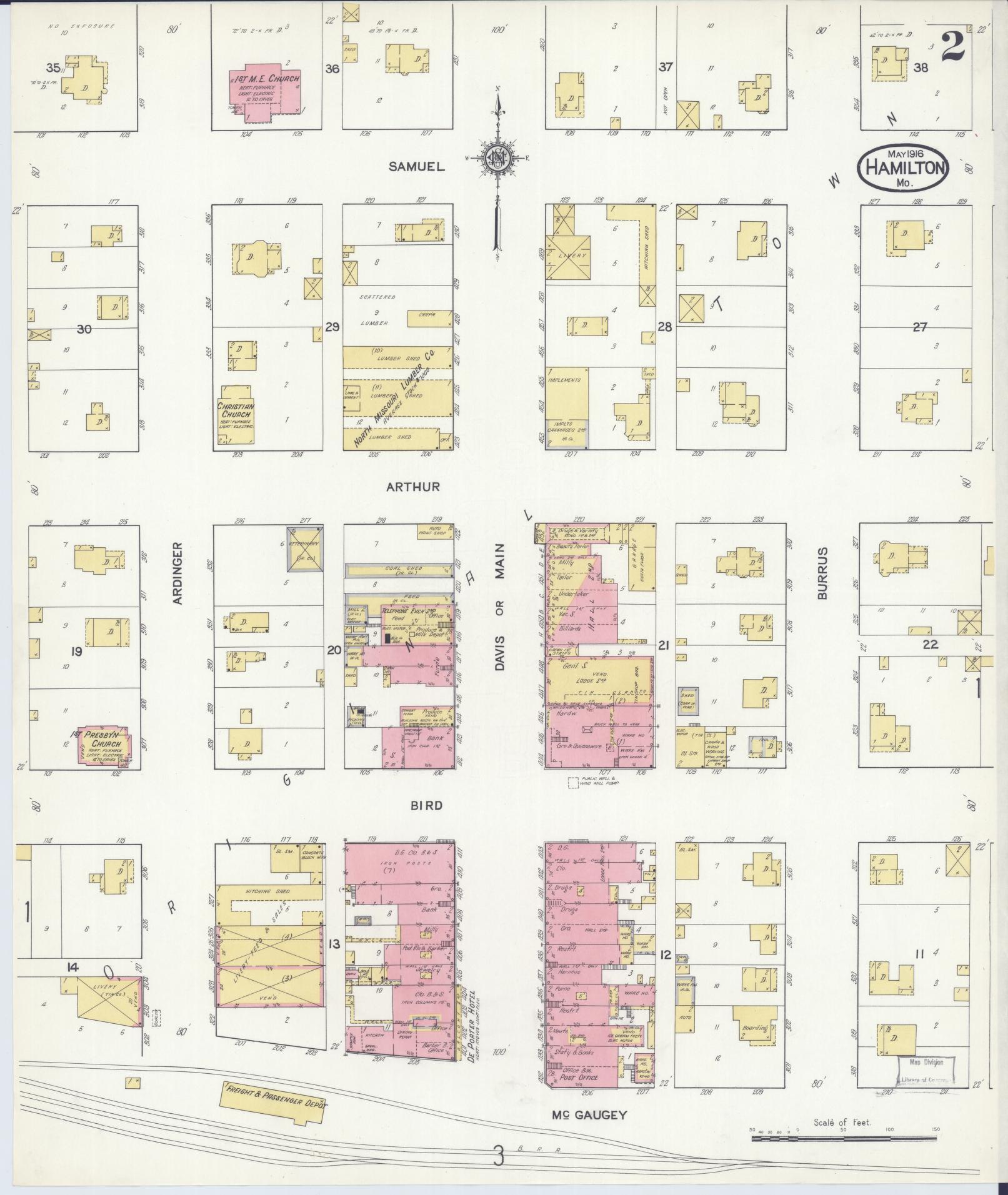Sanborn Fire Insurance Map from Hamilton, Caldwell County, Missouri (1916), Sheet #0002 - Historic Sanborn Fire Insurance Map Print, vintage old map wall art, antique decor, genealogy gift, Missouri Missouri map