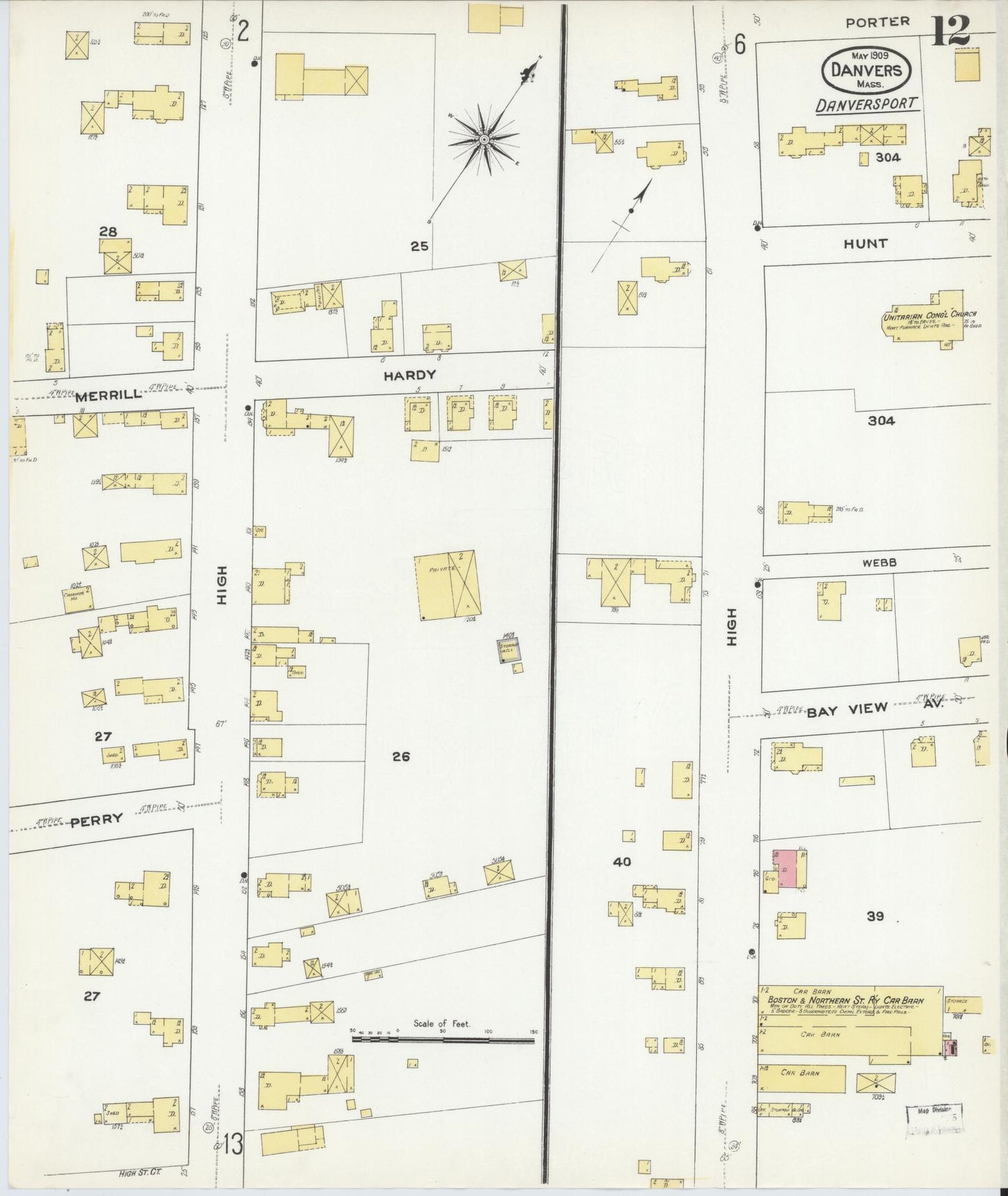 Sanborn Fire Insurance Map from Danvers, Essex County, Massachusetts (1909), Sheet #0012 - Historic Sanborn Fire Insurance Map Print, vintage old map wall art, antique decor, genealogy gift, Massachusetts Massachusetts map