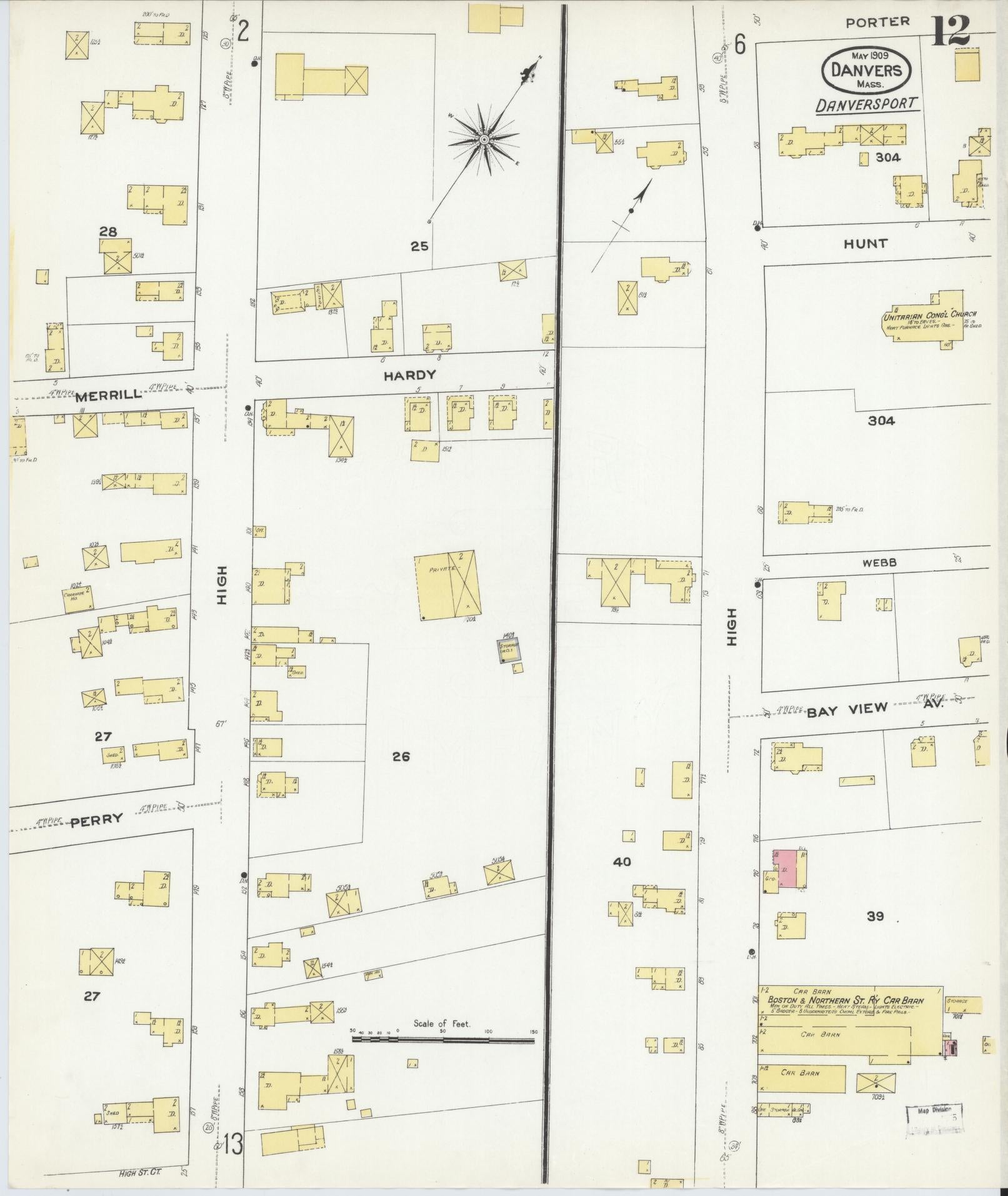 Sanborn Fire Insurance Map from Danvers, Essex County, Massachusetts (1909), Sheet #0012 - Historic Sanborn Fire Insurance Map Print, vintage old map wall art, antique decor, genealogy gift, Massachusetts Massachusetts map