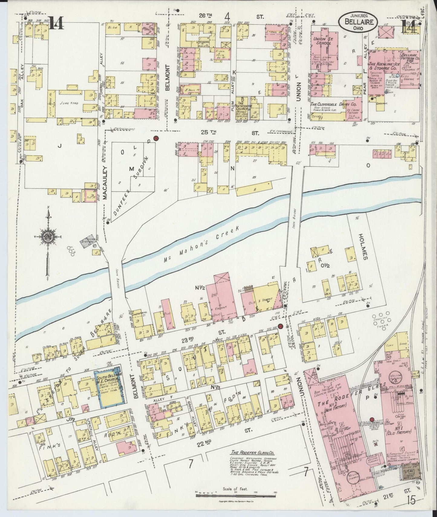 Sanborn Fire Insurance Map from Bellaire, Belmont County, Ohio (1924), Sheet #0014 - Historic Sanborn Fire Insurance Map Print, vintage old map wall art, antique decor, genealogy gift, Ohio Ohio map