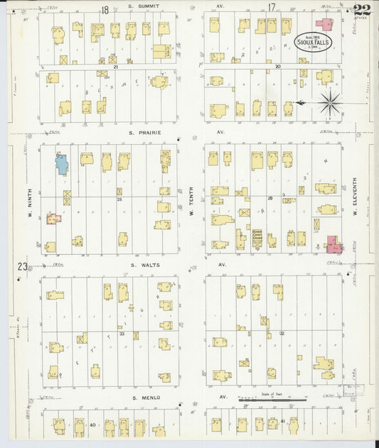 Sanborn Fire Insurance Map from Sioux Falls, Minnehaha County, South Dakota (1908), Sheet #0022 - Historic Sanborn Fire Insurance Map Print, vintage old map wall art, antique decor, genealogy gift, South Dakota South Dakota map