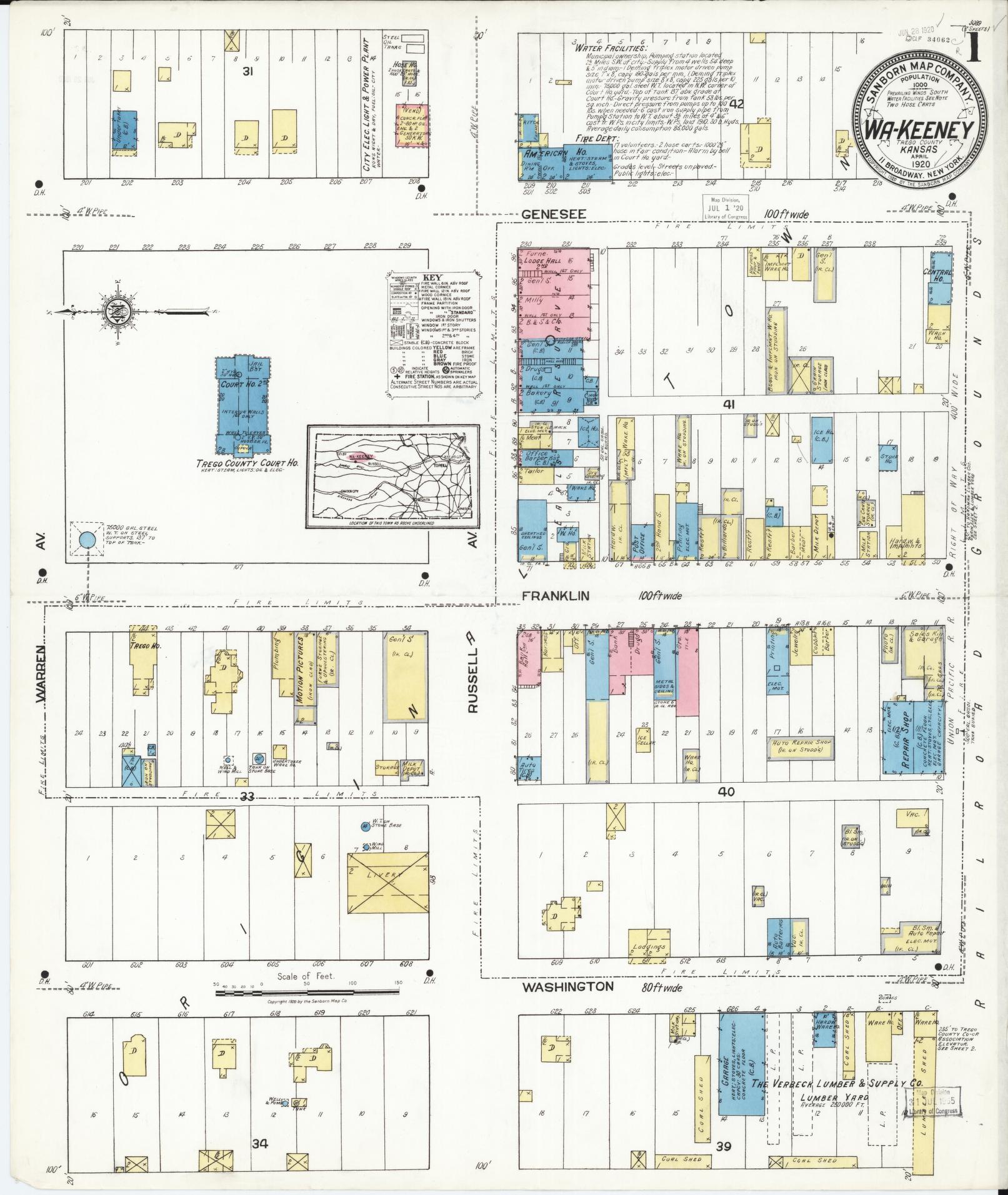 Sanborn Fire Insurance Map from Wa-keeney, Trego County, Kansas (1920), Sheet #0001 - Historic Sanborn Fire Insurance Map Print, vintage old map wall art, antique decor, genealogy gift, Kansas Kansas map