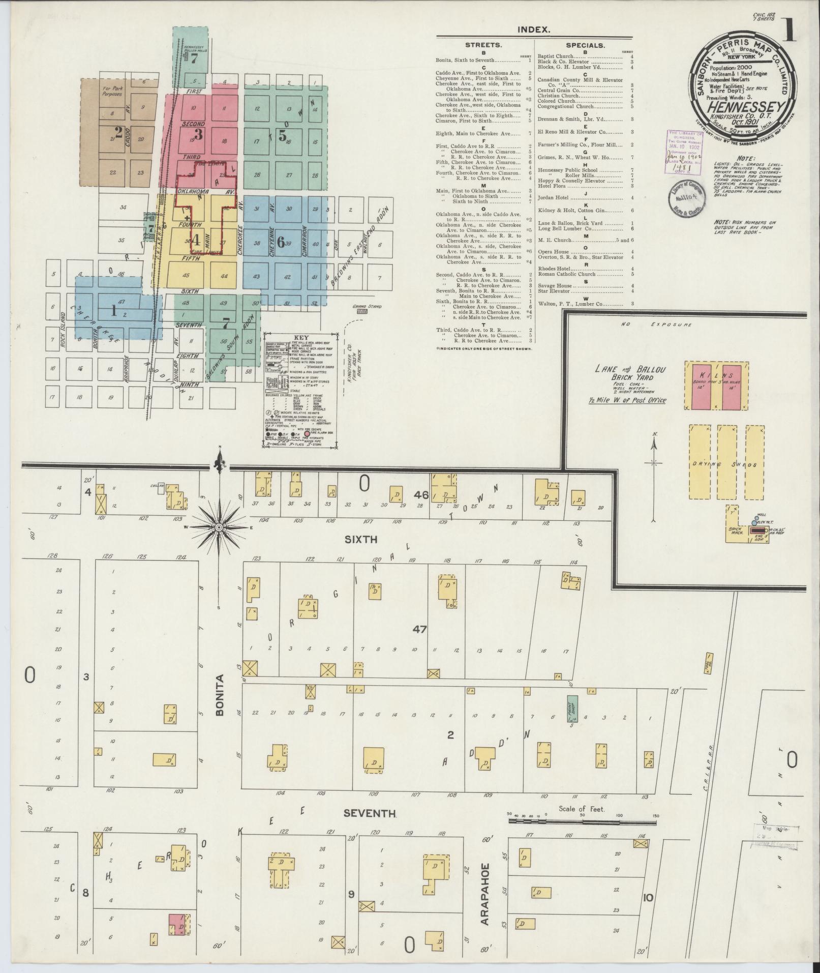 Sanborn Fire Insurance Map from Hennessey, Kingfisher County, Oklahoma (1901), Sheet #0001 - Complete Map Set gallery image, historic Sanborn map, vintage wall art, Oklahoma Oklahoma