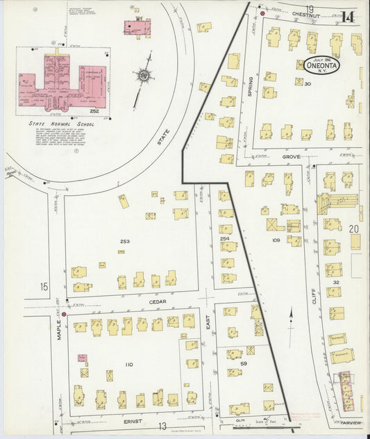 Sanborn Fire Insurance Map from Oneonta, Otsego County, New York (1916), Sheet #0014 - Historic Sanborn Fire Insurance Map Print, vintage old map wall art, antique decor, genealogy gift, New York New York map
